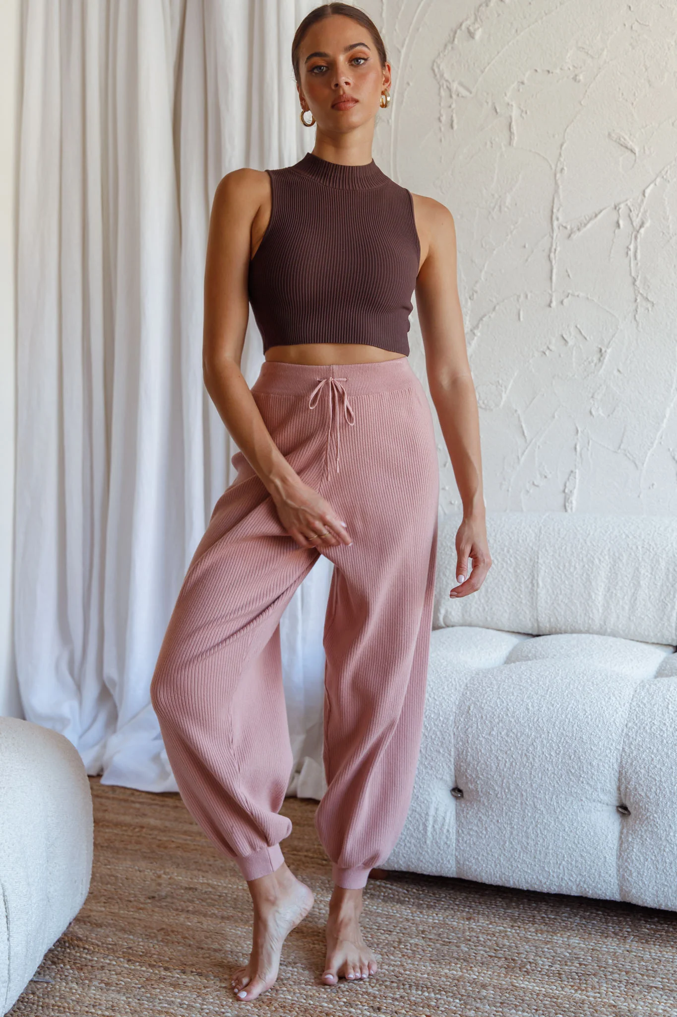 New Soul Drawstring Ribbed Knit Jogger Pants Blush - Image 3