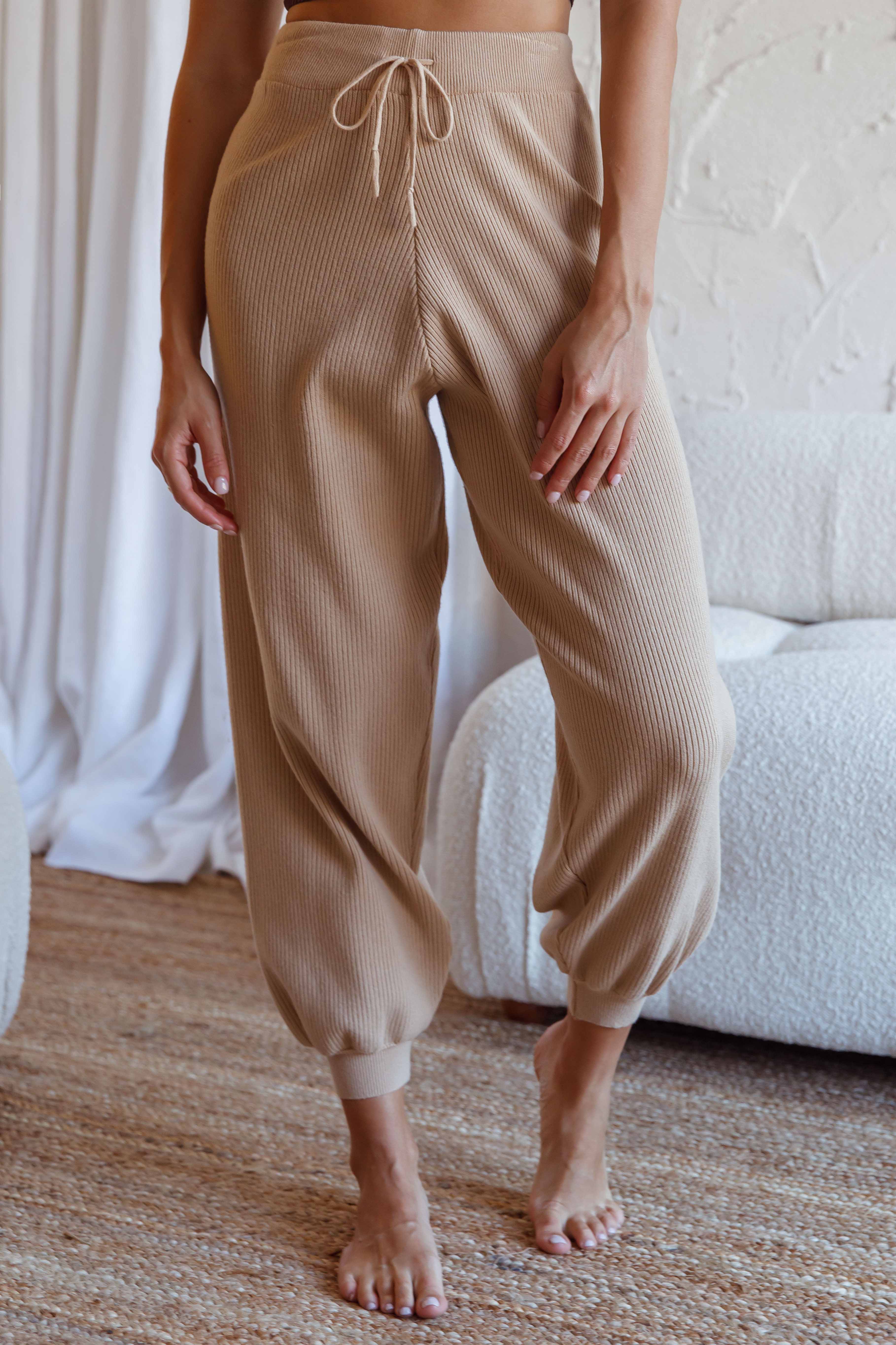 New Soul Drawstring Ribbed Knit Jogger Pants Camel - Image 2