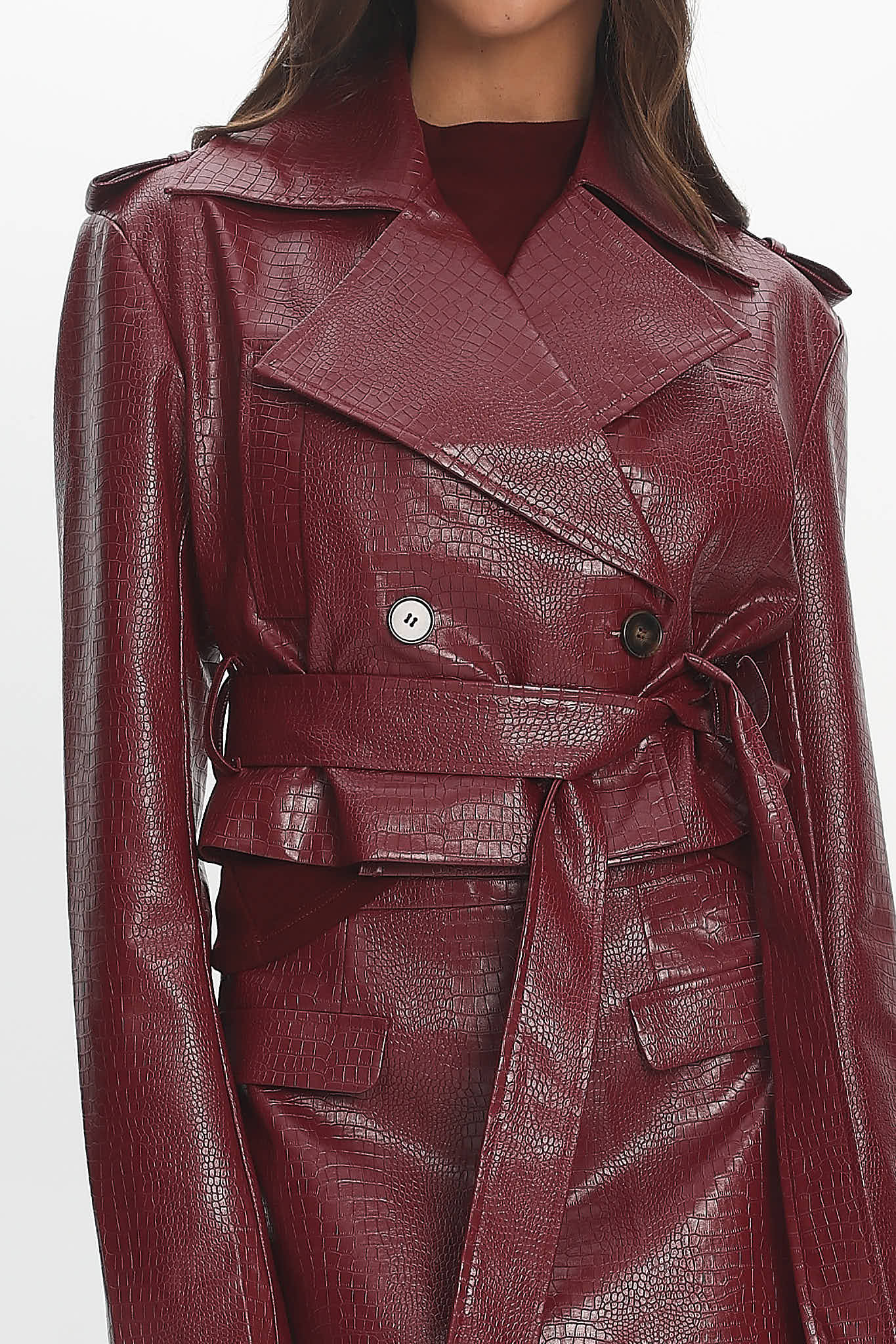 Nial Faux Leather Crop Jacket Burgundy - Image 4