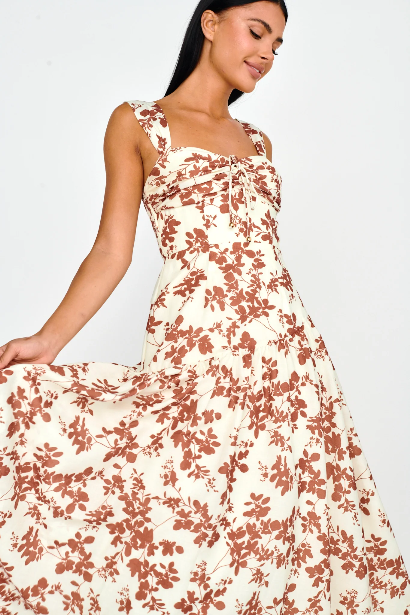 Nichola Ruched Bust Midi Dress Floral Brown - Image 6