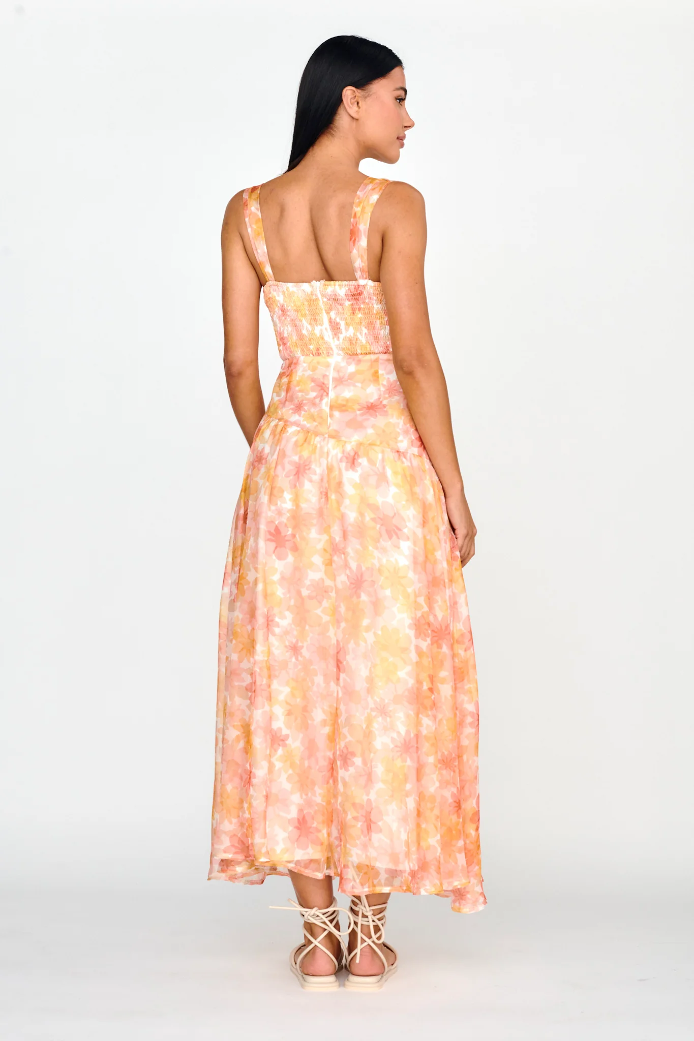 Nichola Ruched Bust Midi Dress Floral Orange - Image 2