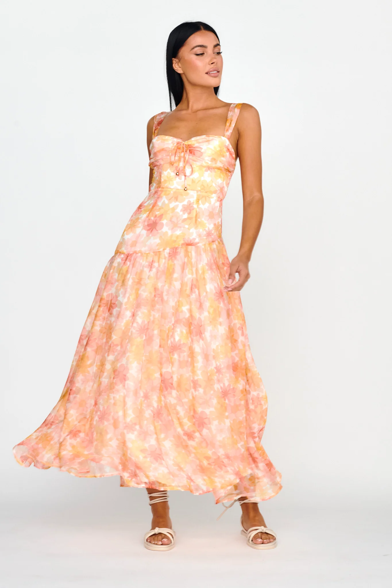 Nichola Ruched Bust Midi Dress Floral Orange - Image 4