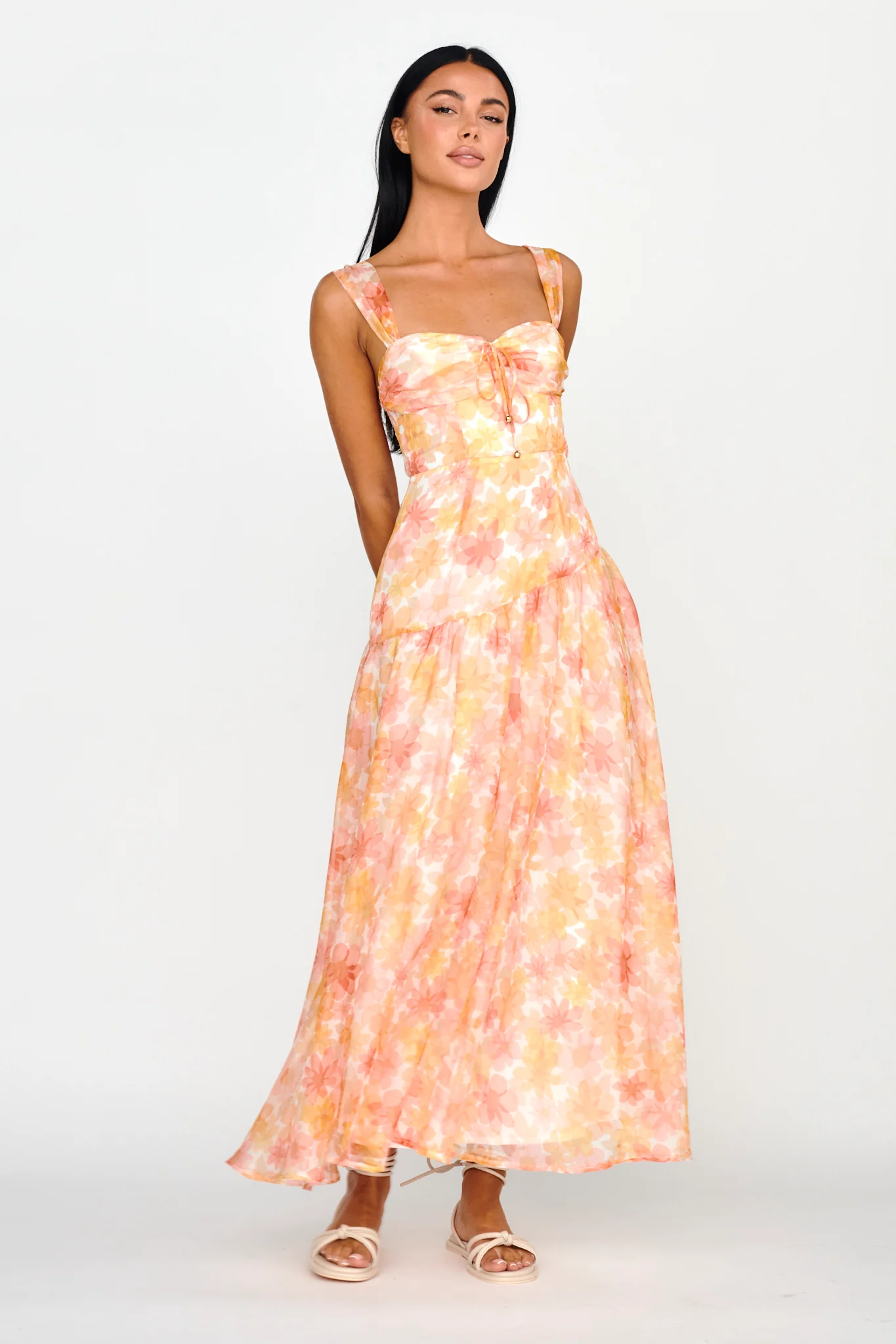 Nichola Ruched Bust Midi Dress Floral Orange - Image 5