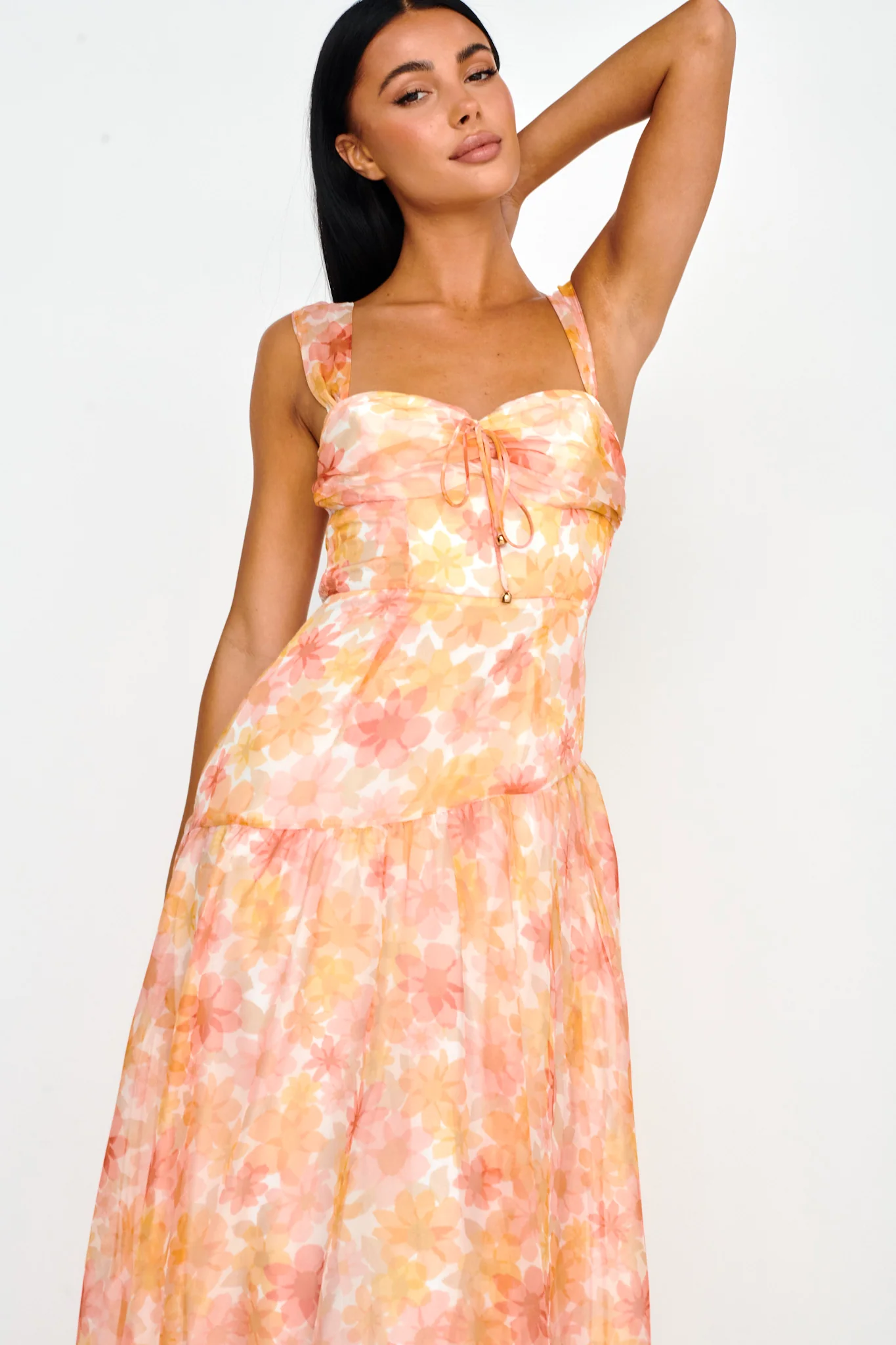 Nichola Ruched Bust Midi Dress Floral Orange - Image 6