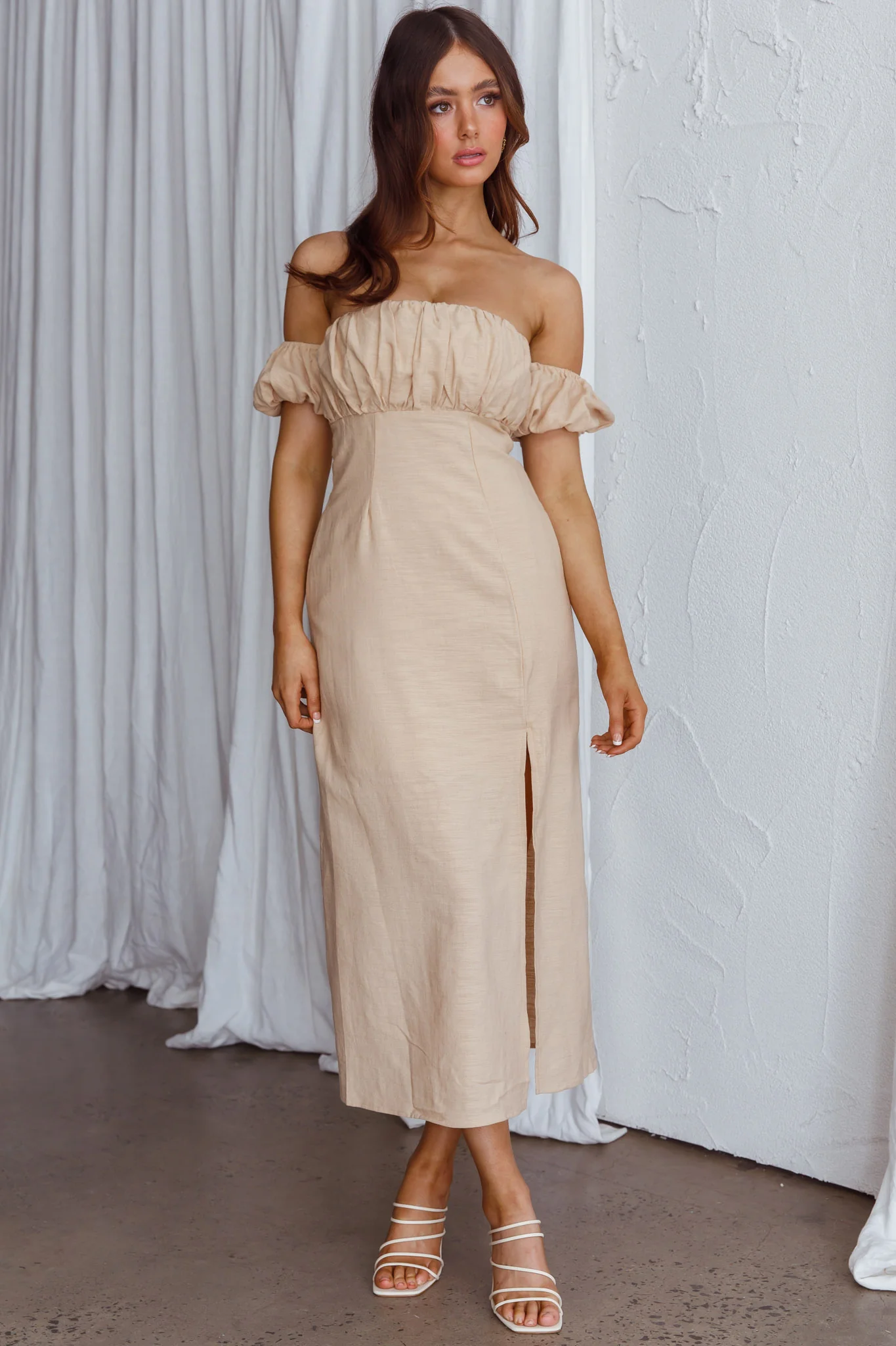 Nico Off-Shoulder Split Midi Dress Sand - Image 5