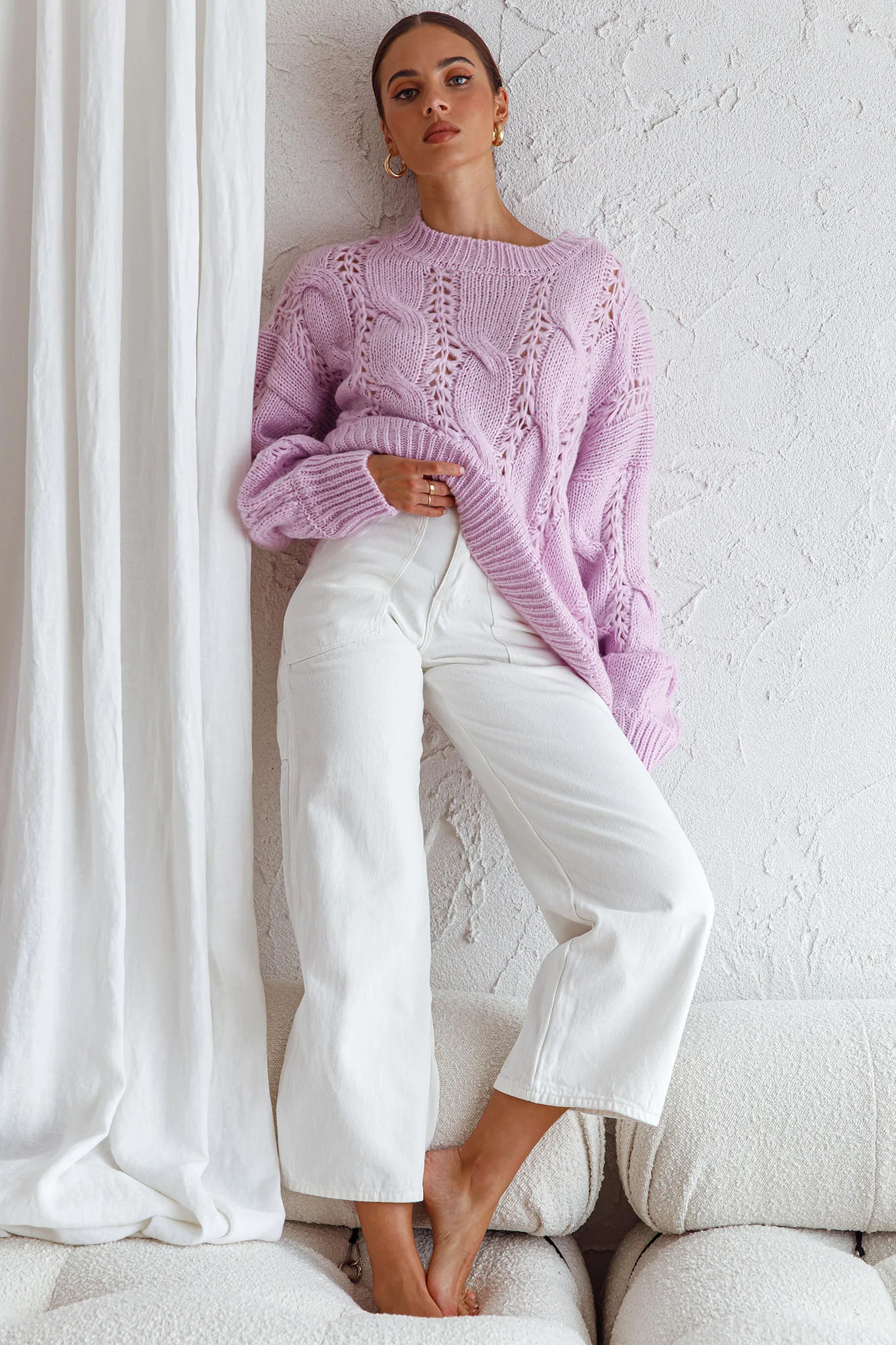 Nicola Long Sleeve Chunky Cable Knit Sweater Lilac - Image 3