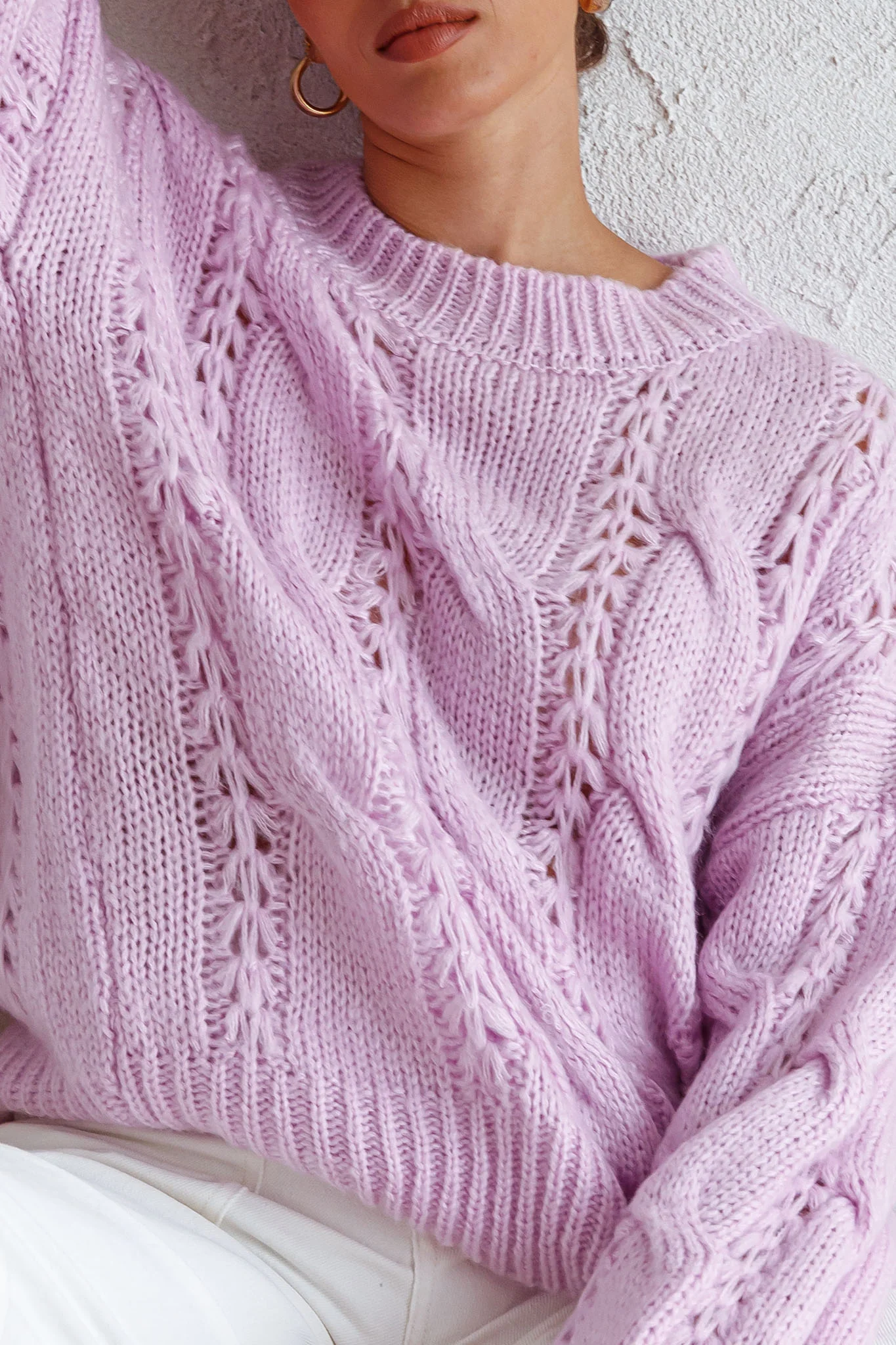 Nicola Long Sleeve Chunky Cable Knit Sweater Lilac - Image 4