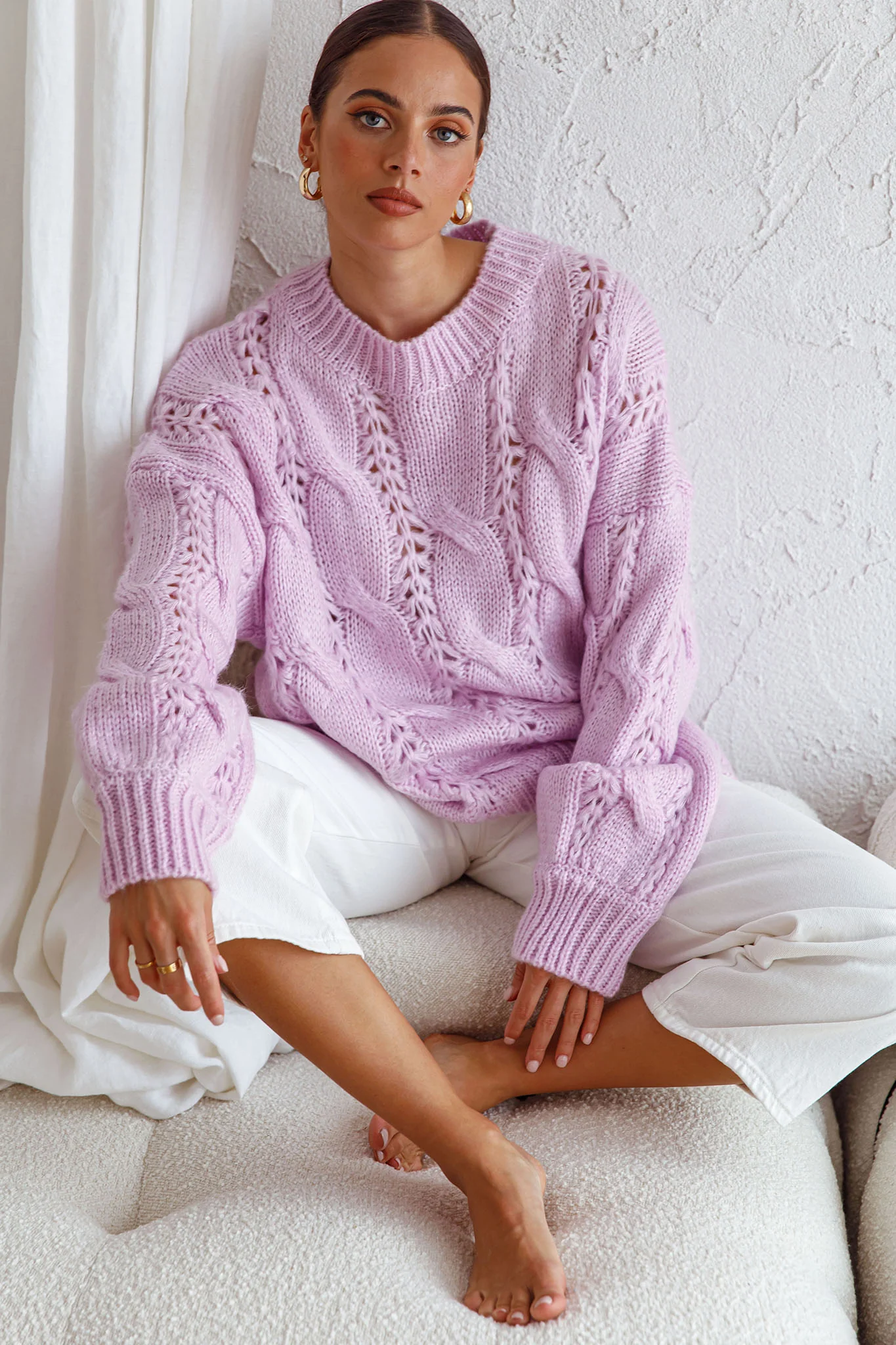 Nicola Long Sleeve Chunky Cable Knit Sweater Lilac - Image 7