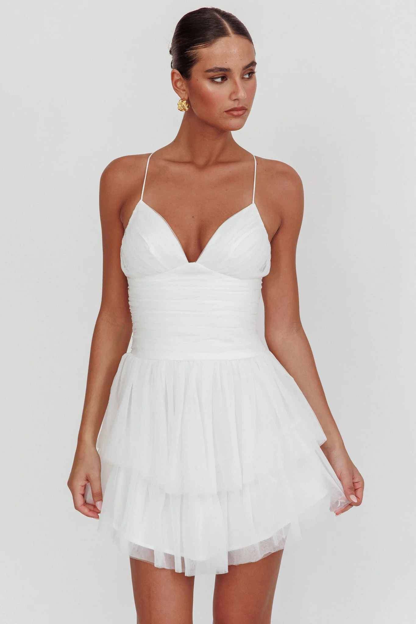 Nightingale Ruched Mesh Mini Dress White - Image 3