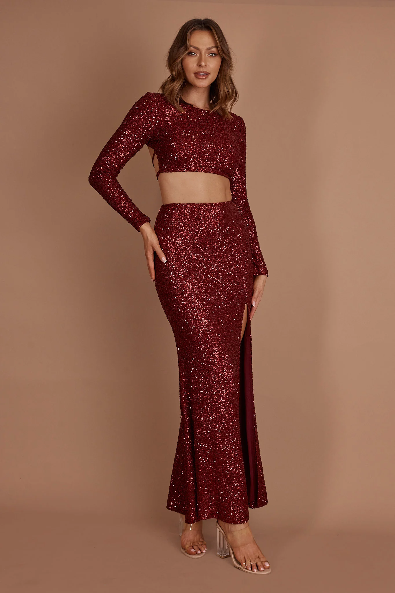 Nights In Monaco Split Sequin Maxi Skirt Burgundy - Image 5