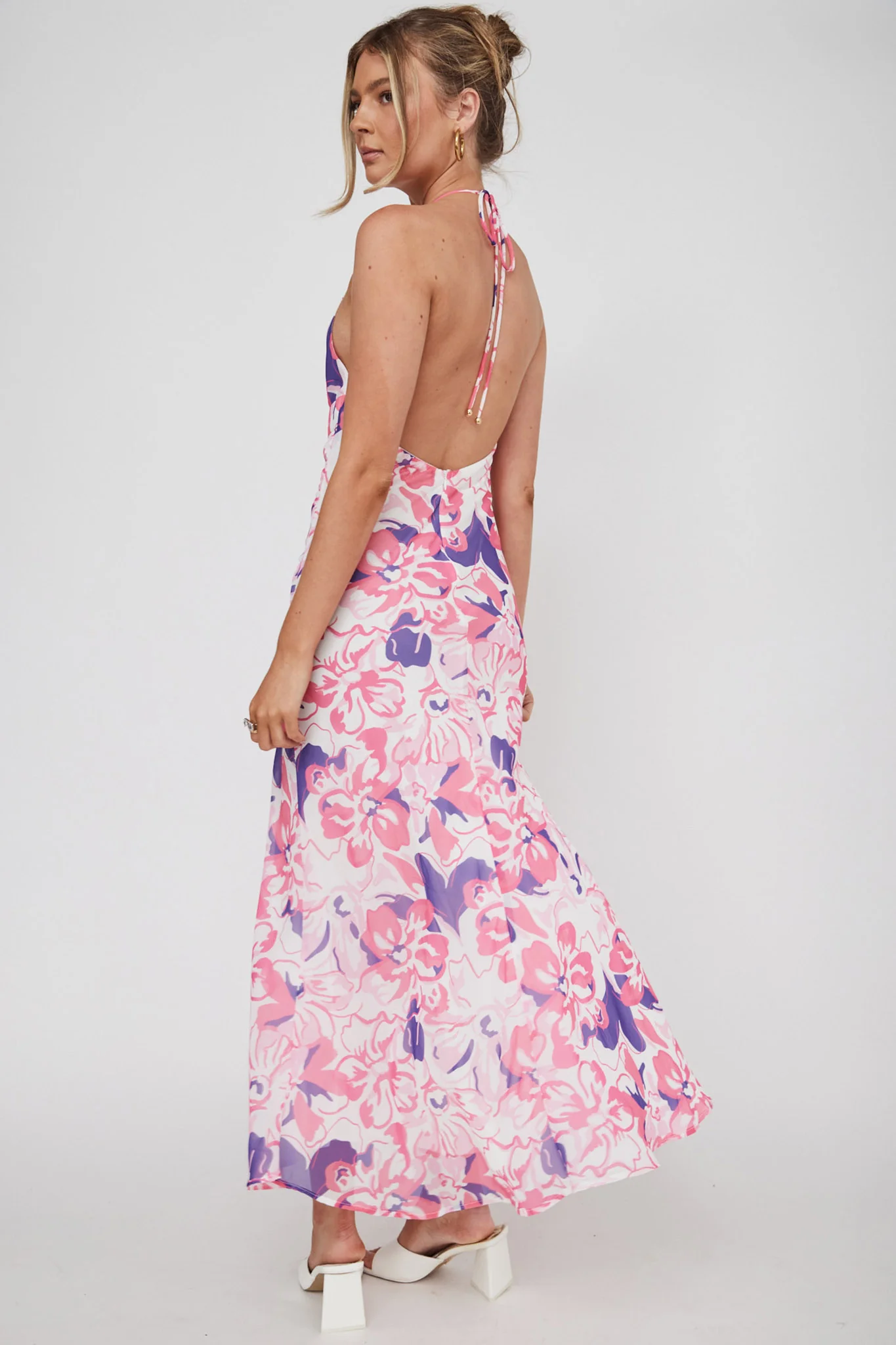 Nirvana Halterneck Split Midi Dress Floral Pink - Image 3