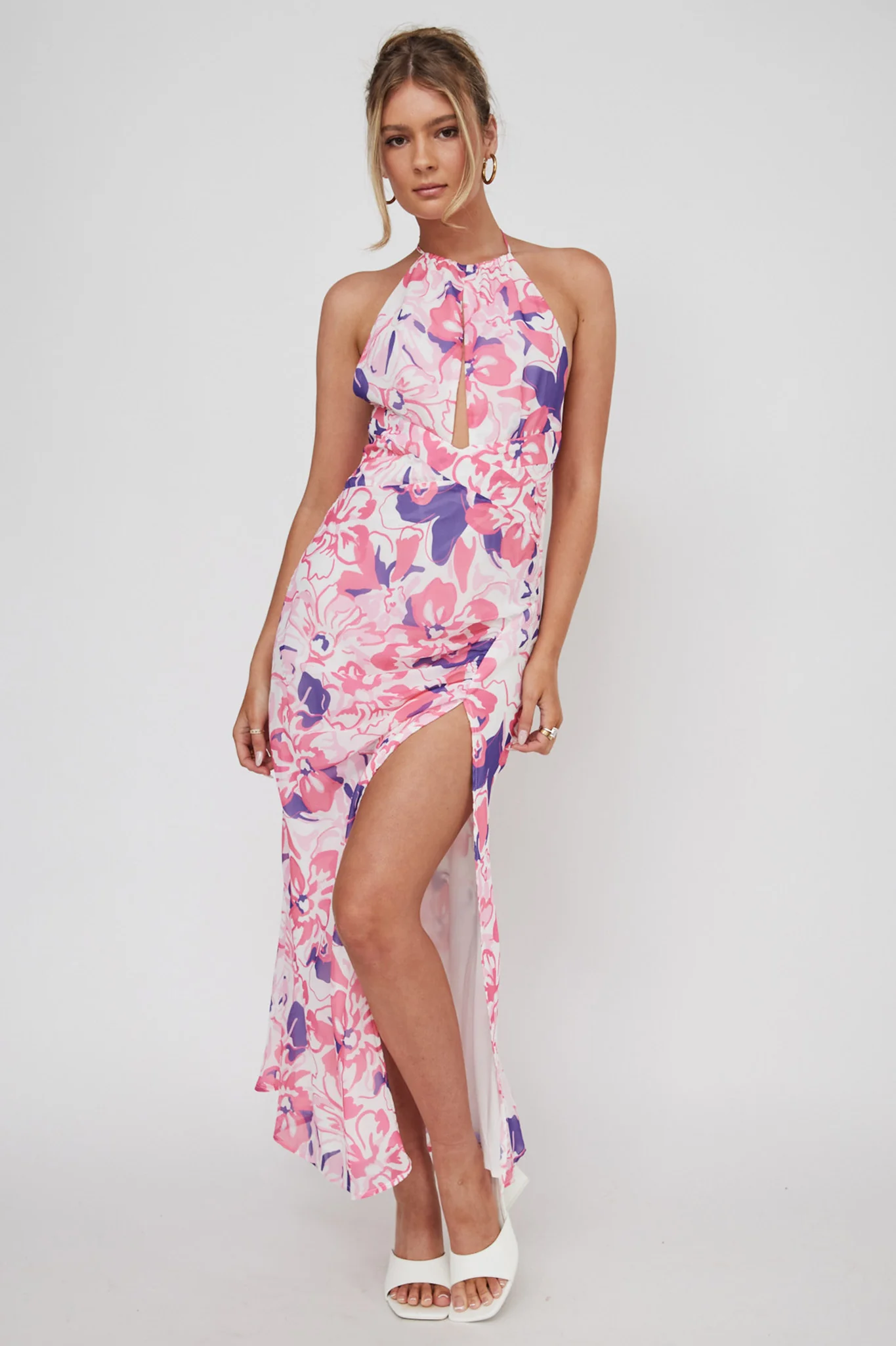 Nirvana Halterneck Split Midi Dress Floral Pink - Image 4