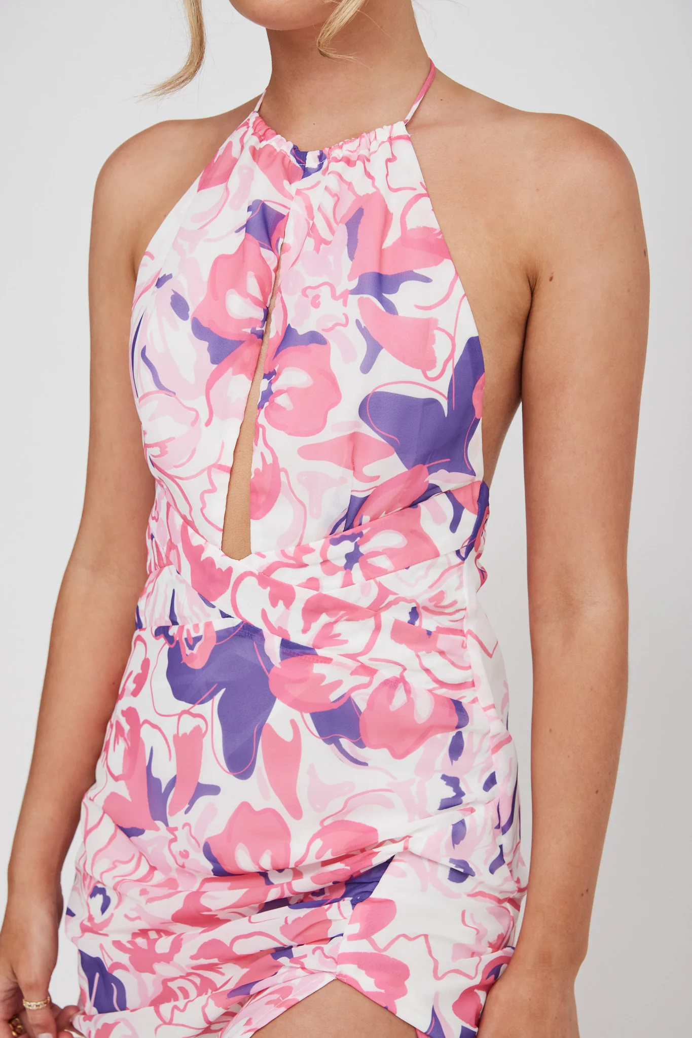 Nirvana Halterneck Split Midi Dress Floral Pink - Image 5