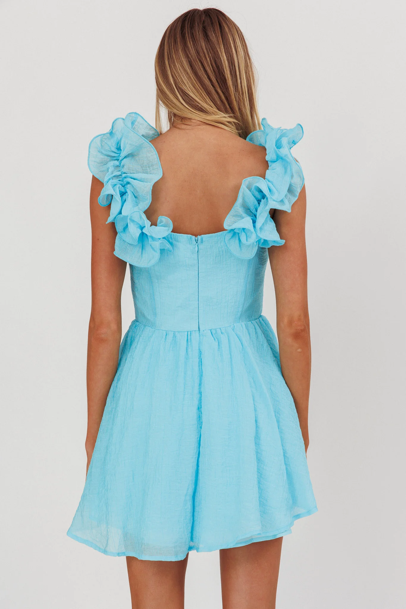 Nivaya Ruffle Neckline Mini Dress Ocean - Image 2