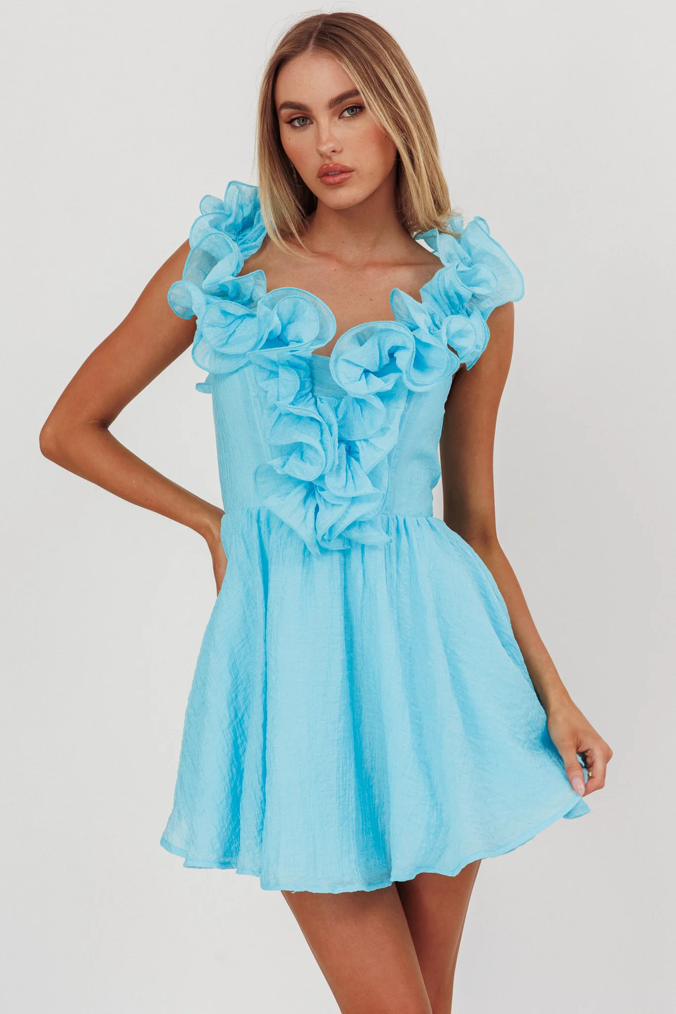 Nivaya Ruffle Neckline Mini Dress Ocean - Image 5
