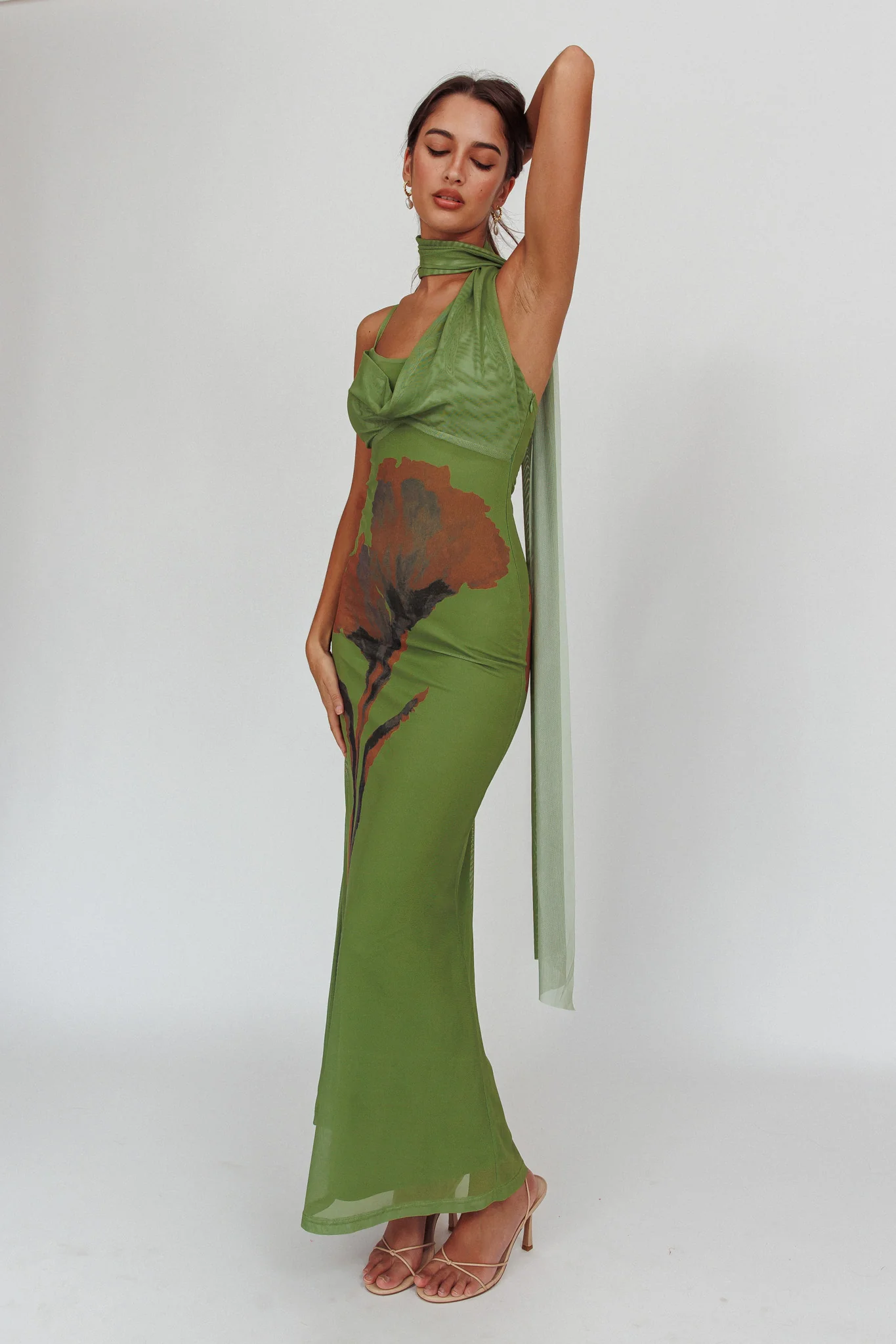 No Surprises Scarfed Floral Maxi Dress Green - Image 2