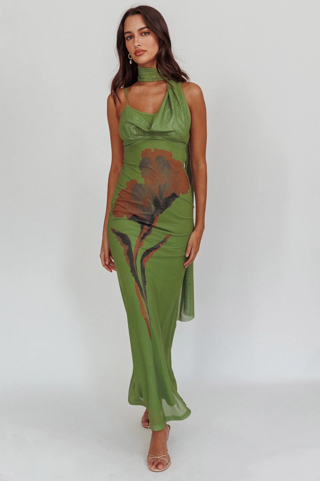 No Surprises Scarfed Floral Maxi Dress Green - Image 6
