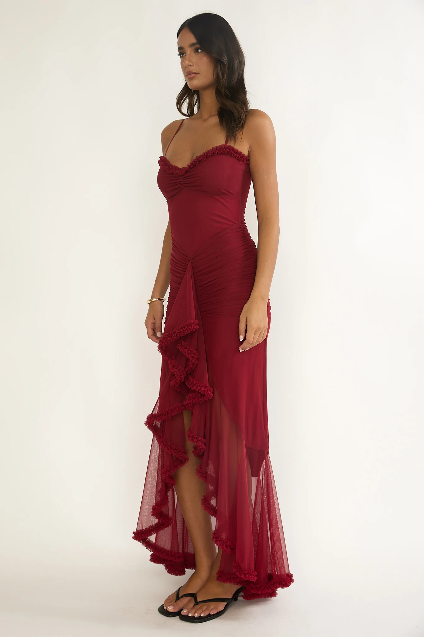 Noelia Gathered Waist Frill Trim Maxi Dress Wine - Image 3