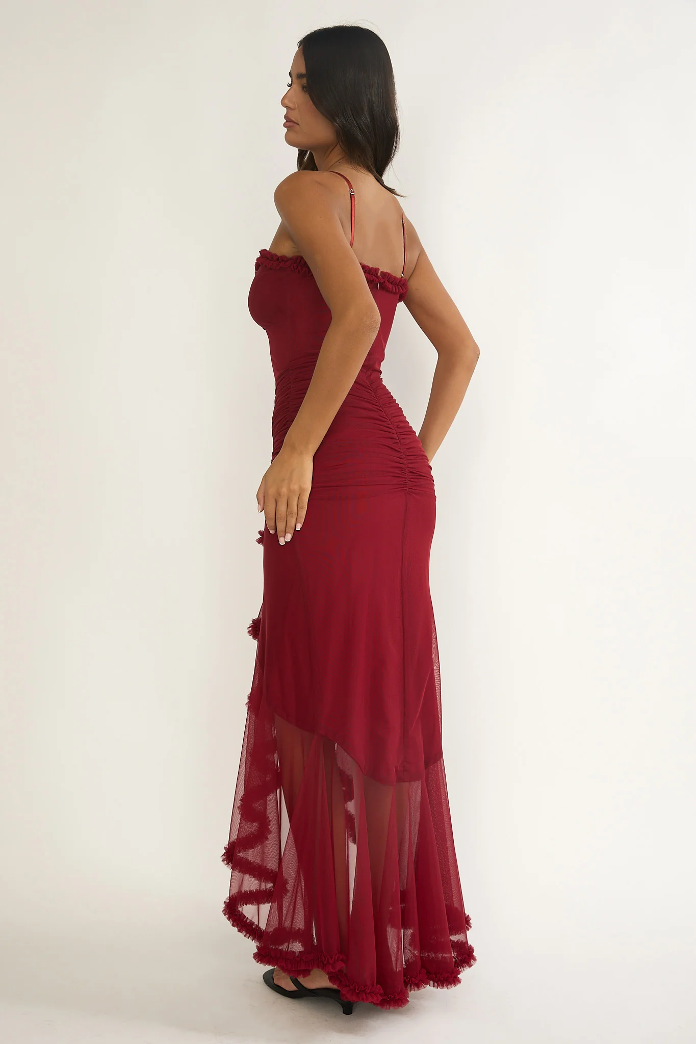 Noelia Gathered Waist Frill Trim Maxi Dress Wine - Image 4