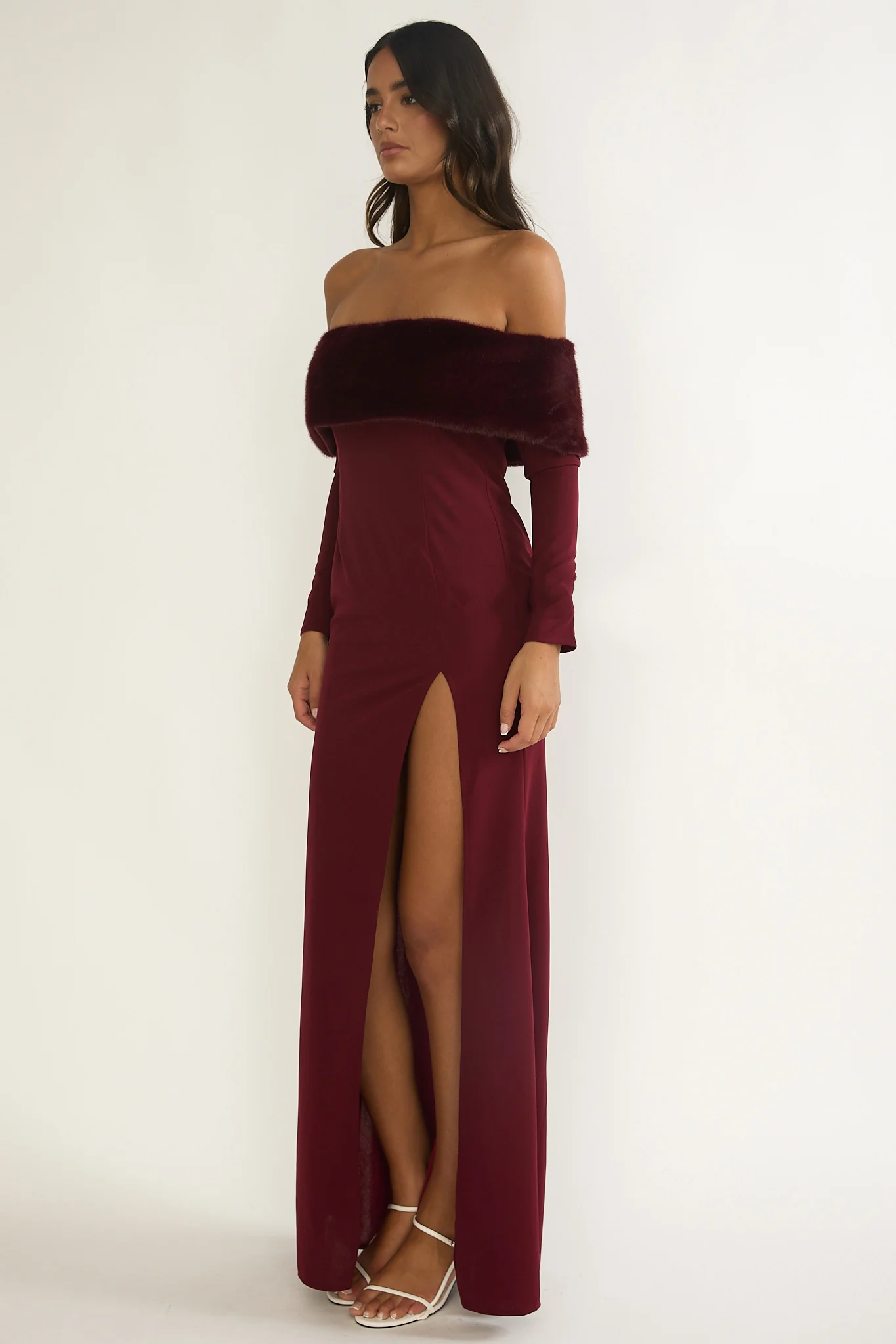 Noella Off-Shoulder Fur Trim Maxi Dress Wine - Image 2