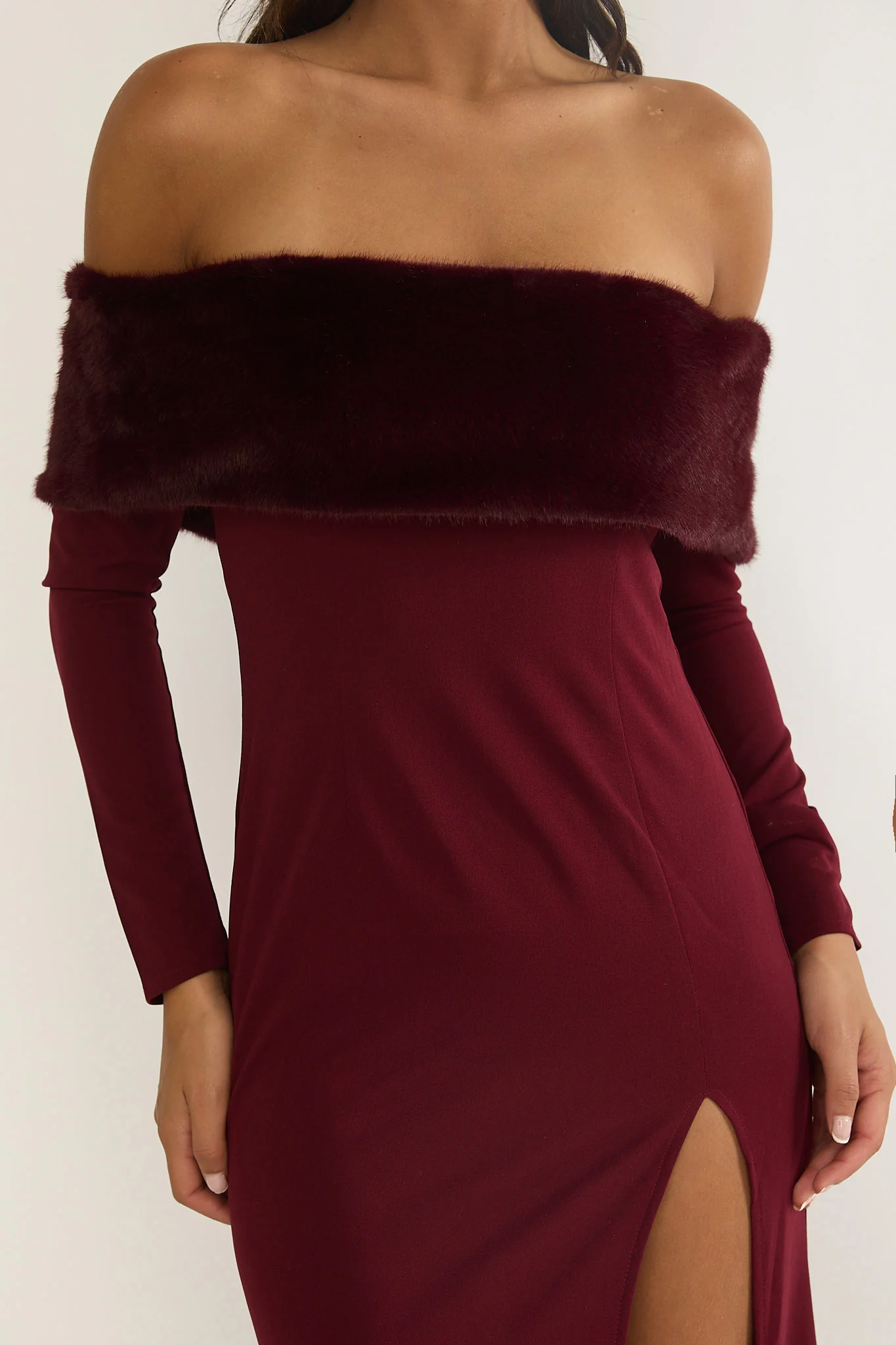 Noella Off-Shoulder Fur Trim Maxi Dress Wine - Image 3