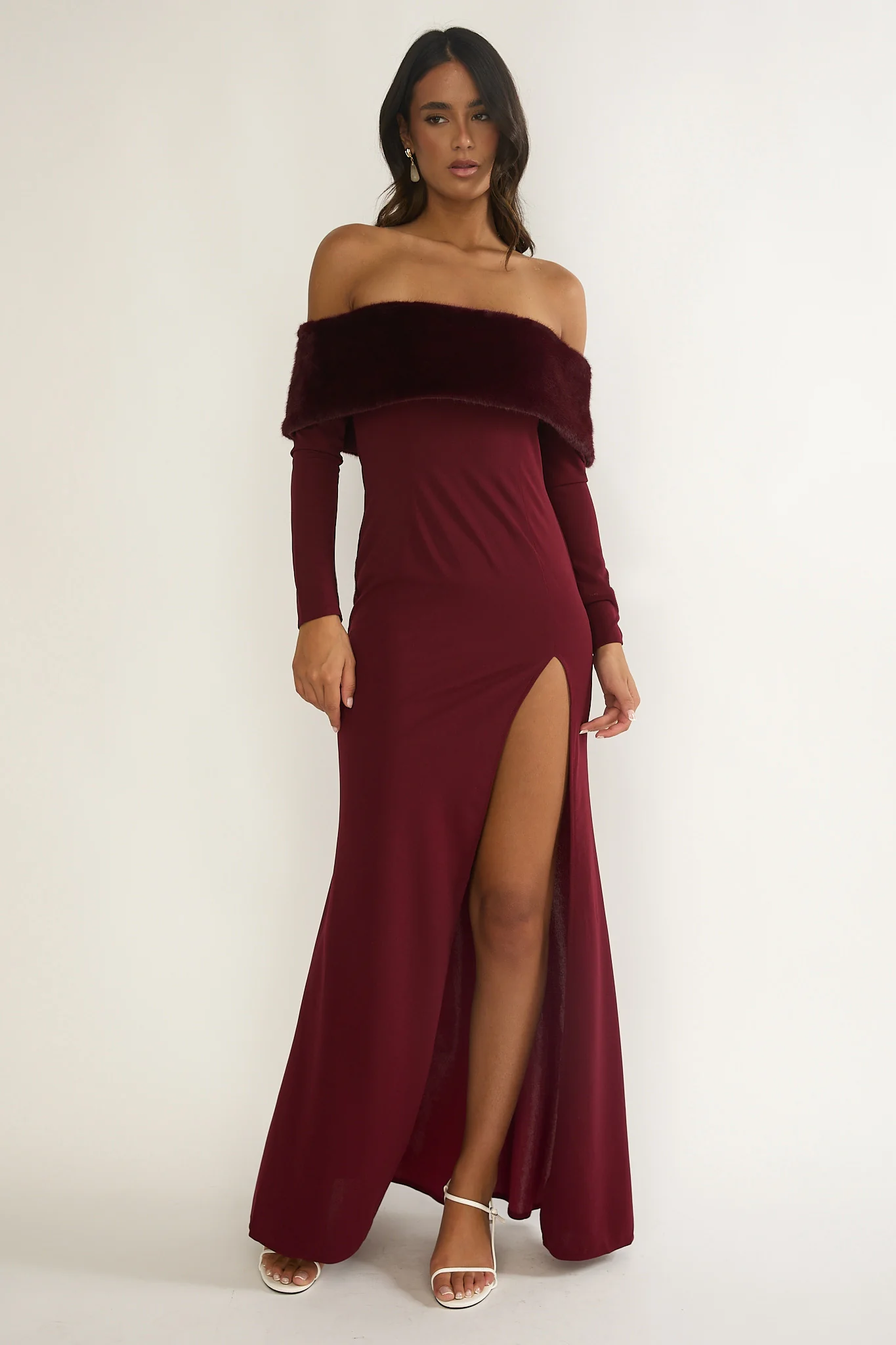 Noella Off-Shoulder Fur Trim Maxi Dress Wine - Image 4