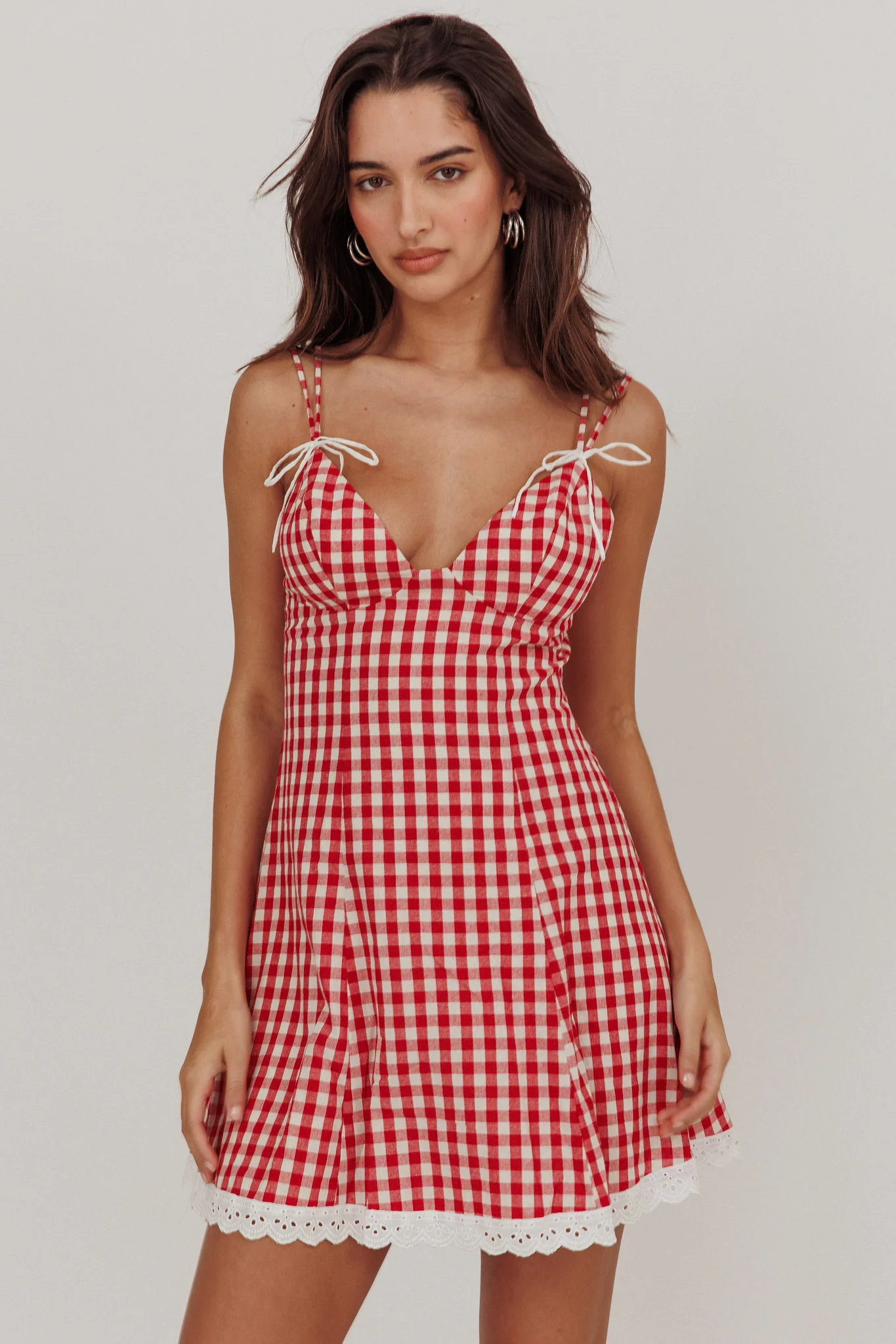 Noelle Lace Trim Mini Dress Gingham Red - Image 5