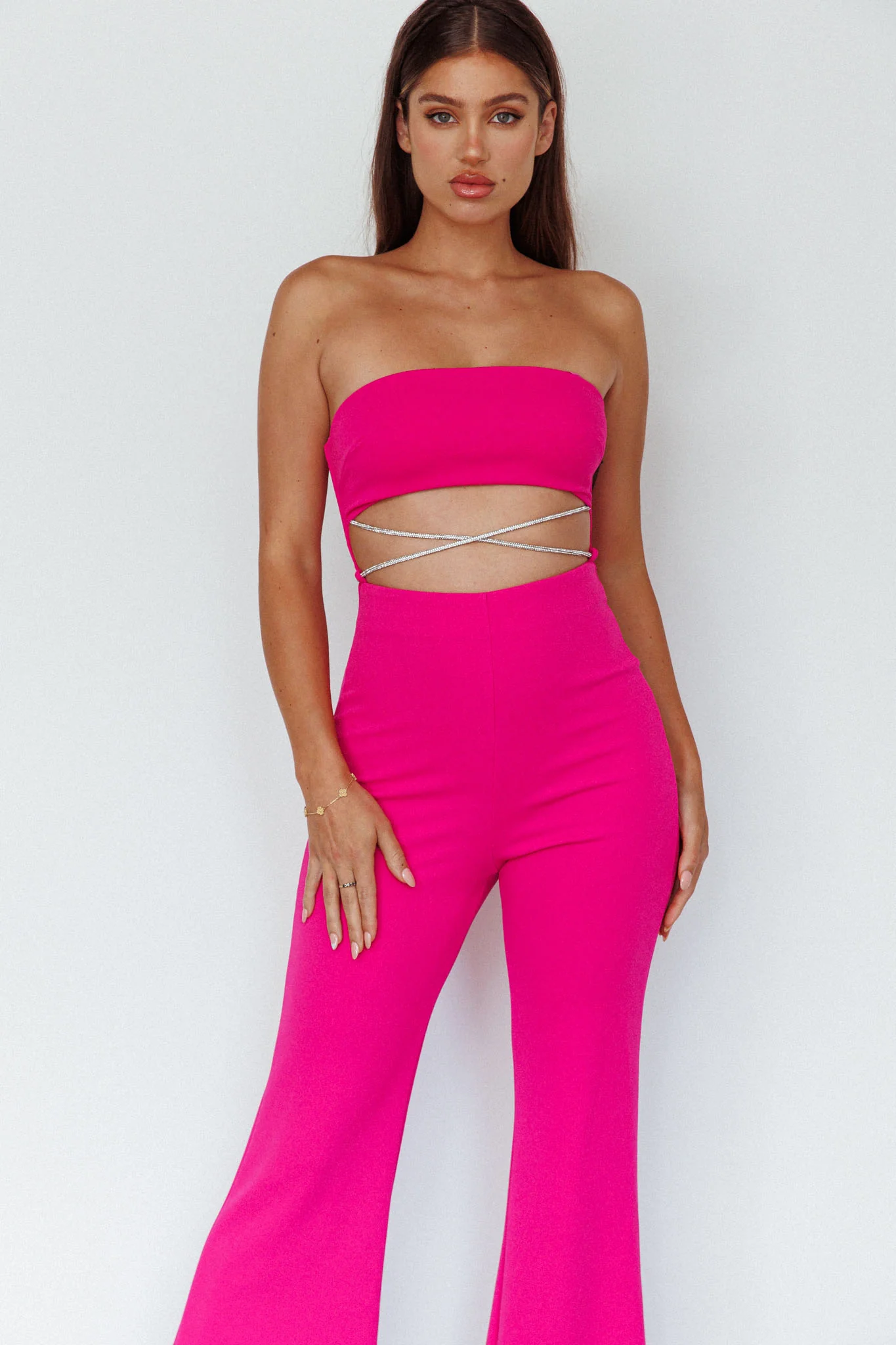 Nohemi Strapless Diamante Jumpsuit Fuchsia - Image 4