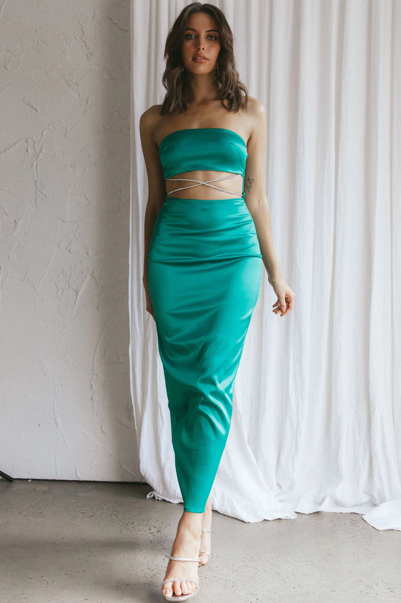 Nohemi Strapless Diamante Maxi Dress Green - Image 3