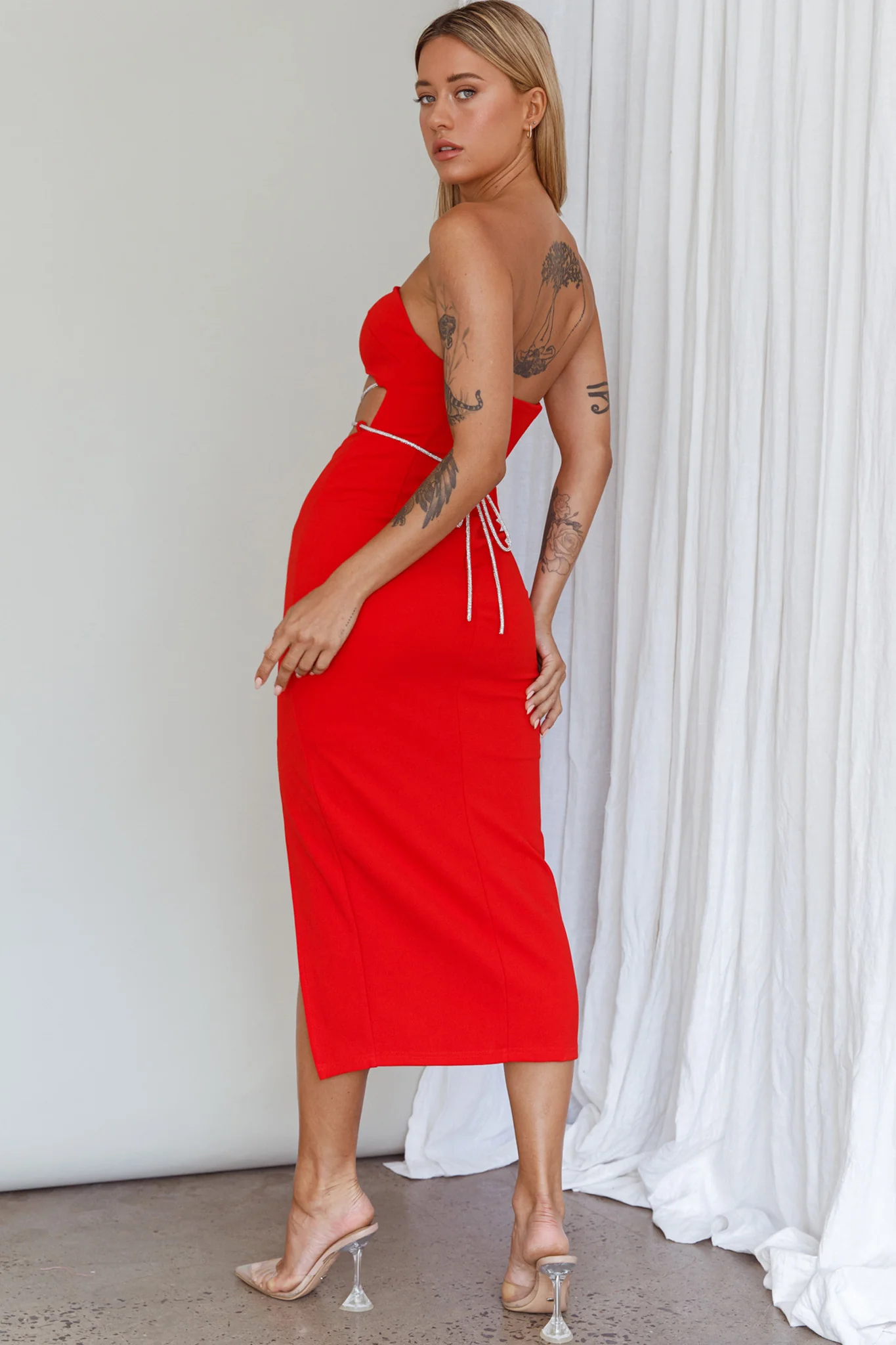 Nohemi Strapless Diamante Midi Dress Red - Image 2