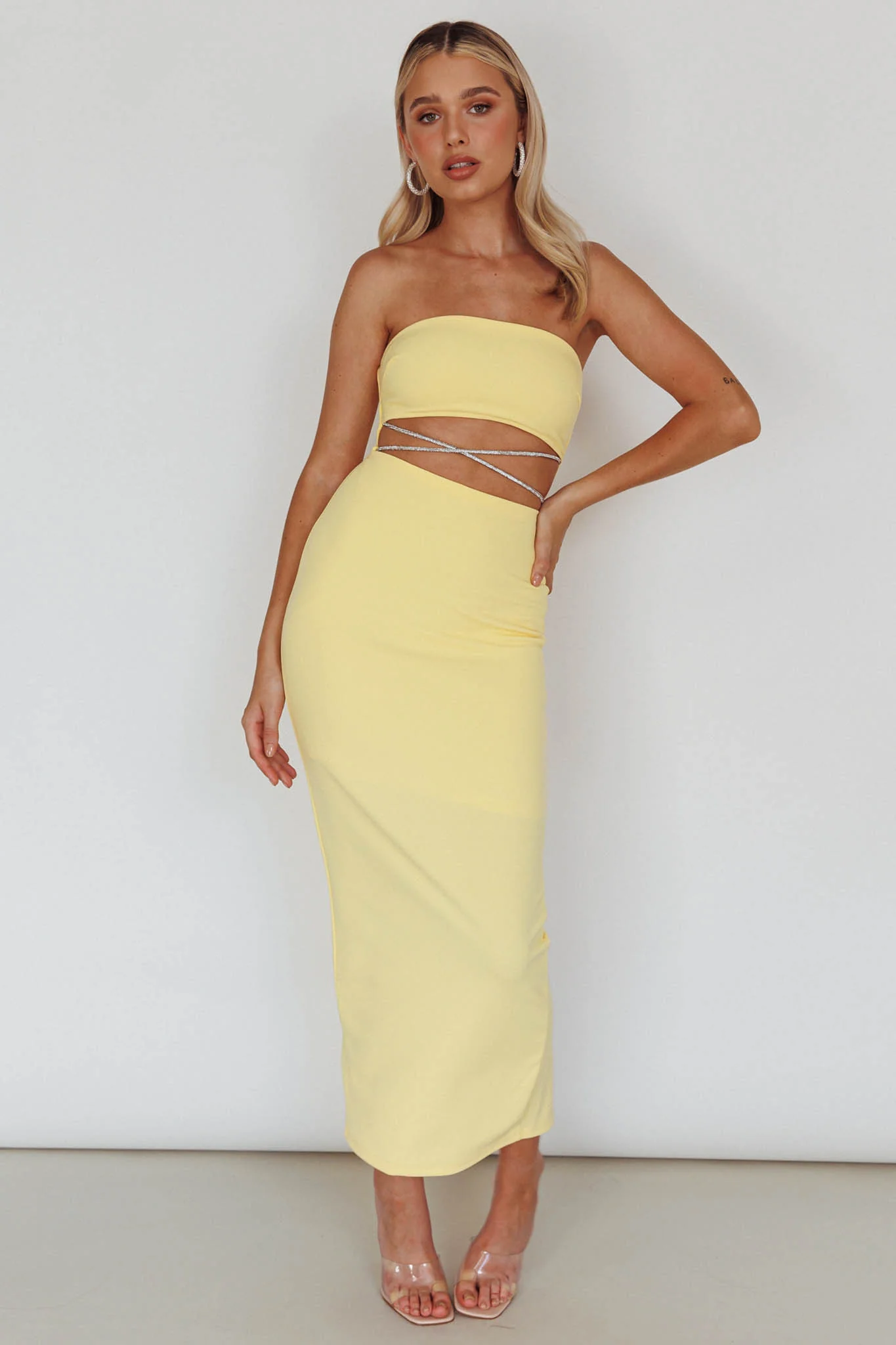 Nohemi Strapless Diamante Midi Dress Yellow - Image 3