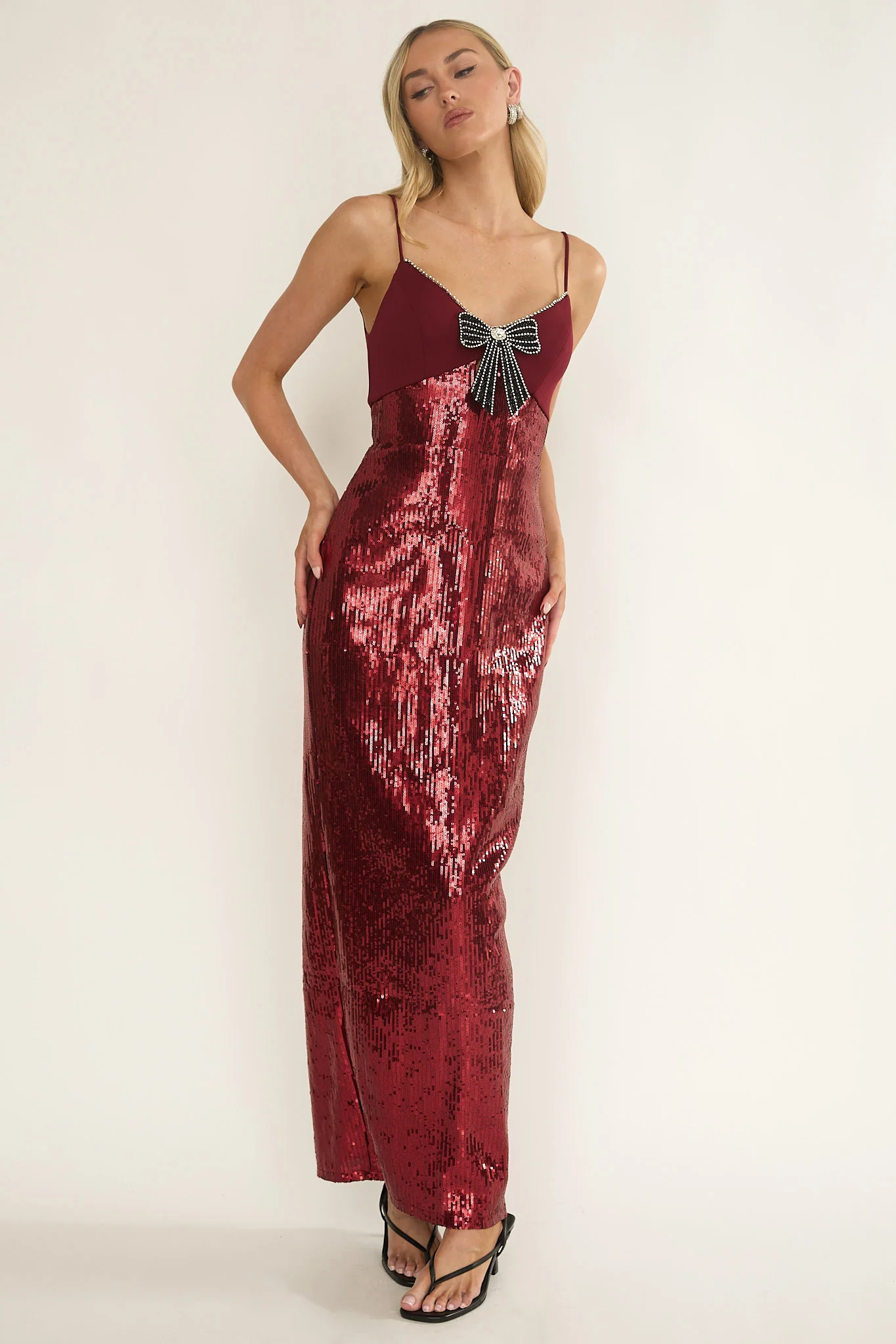 Nolani Sequin Bow & Diamante Maxi Dress Wine - Image 6