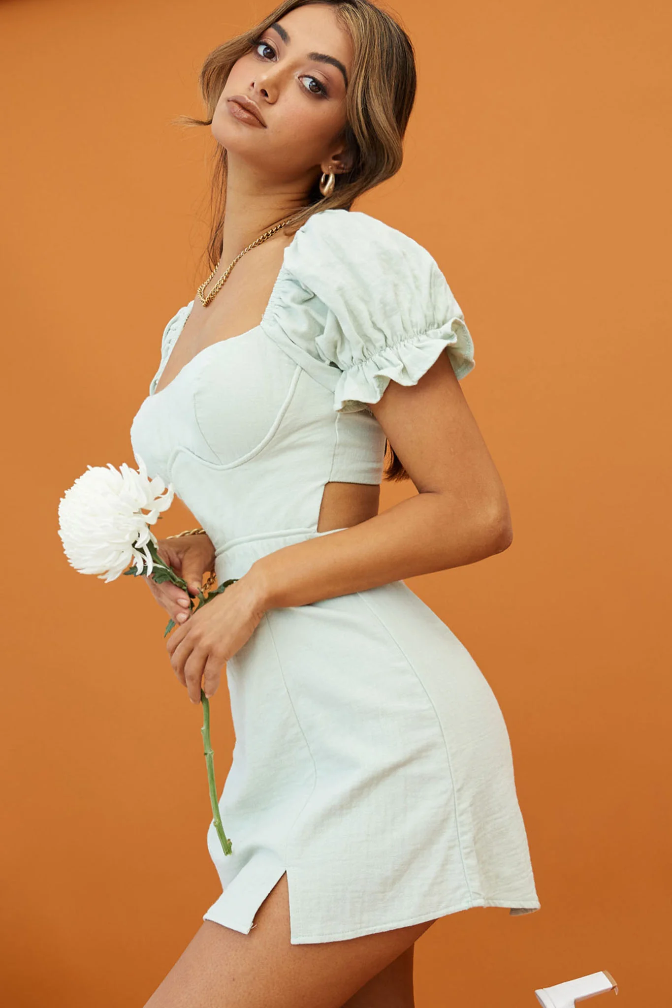 Norma Jean Puff Sleeve Piping Trim Mini Dress Sage - Image 3