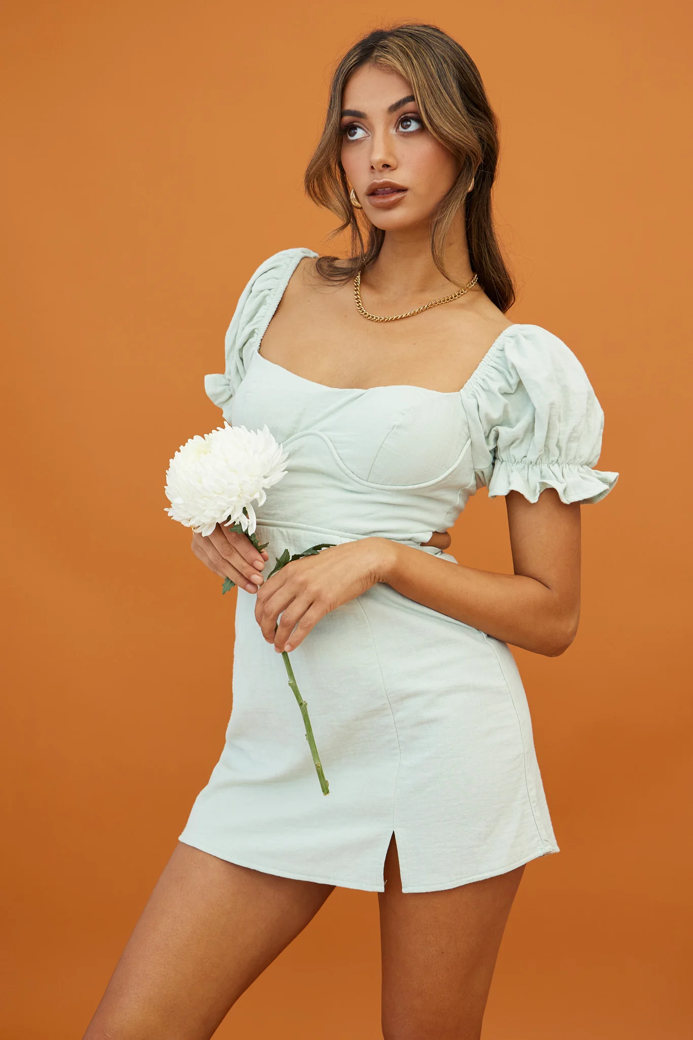 Norma Jean Puff Sleeve Piping Trim Mini Dress Sage - Image 5