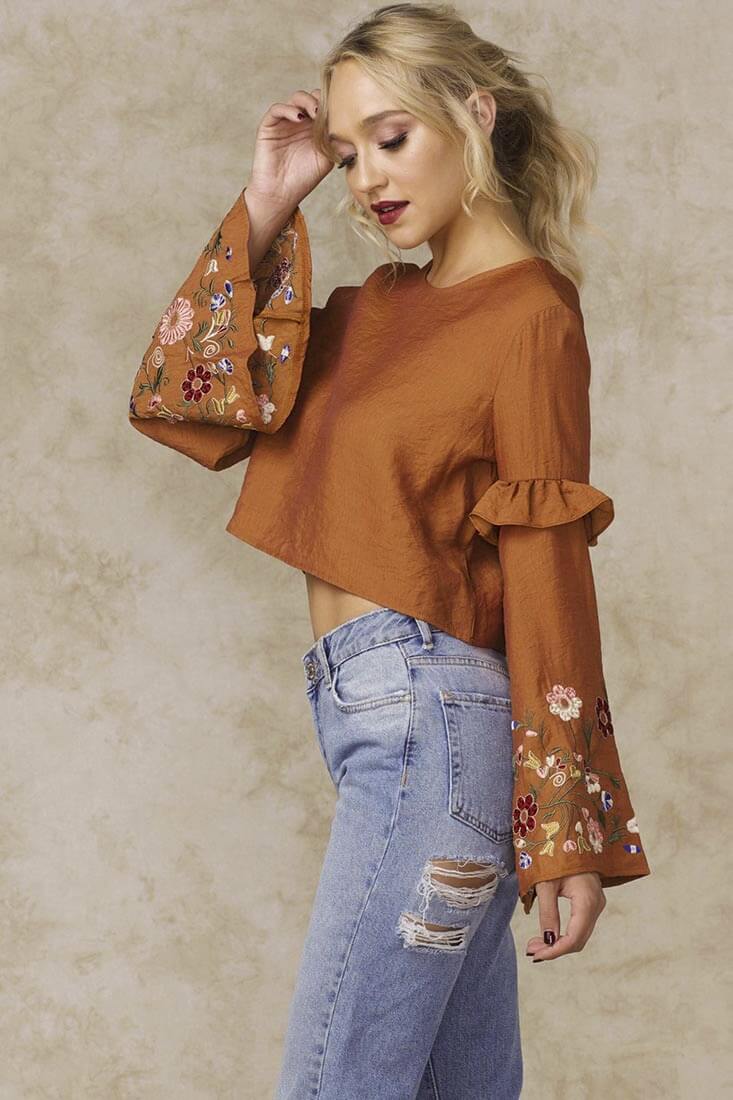 Normani Floral Bell Sleeved Crop Top Orange - Image 4