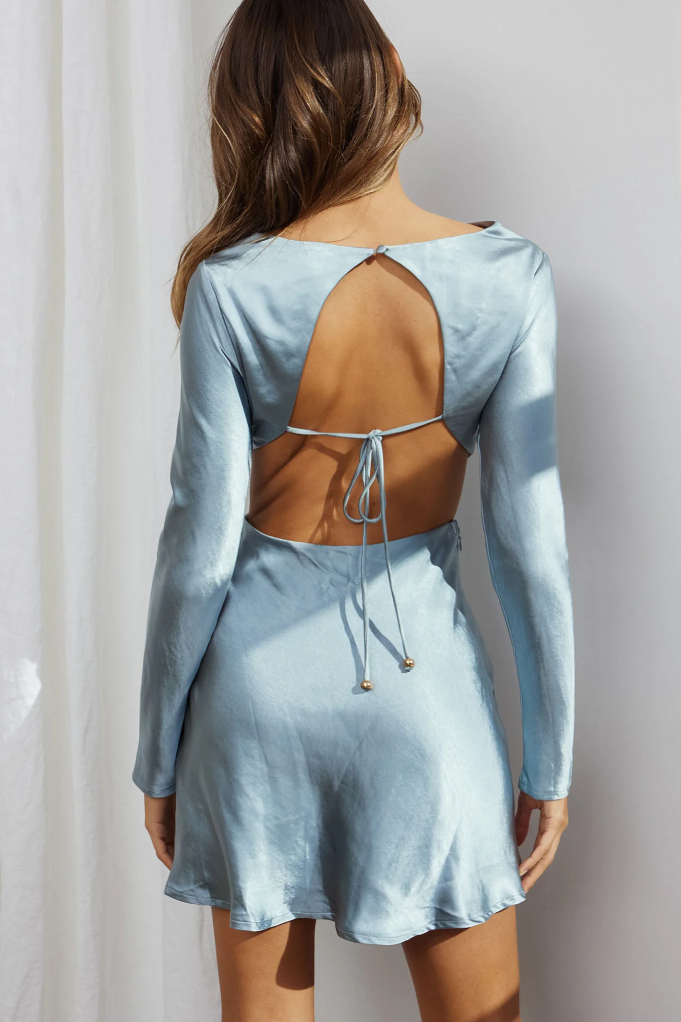Northern Lights Long Sleeve Open Back Satin Mini Dress Blue - Image 2