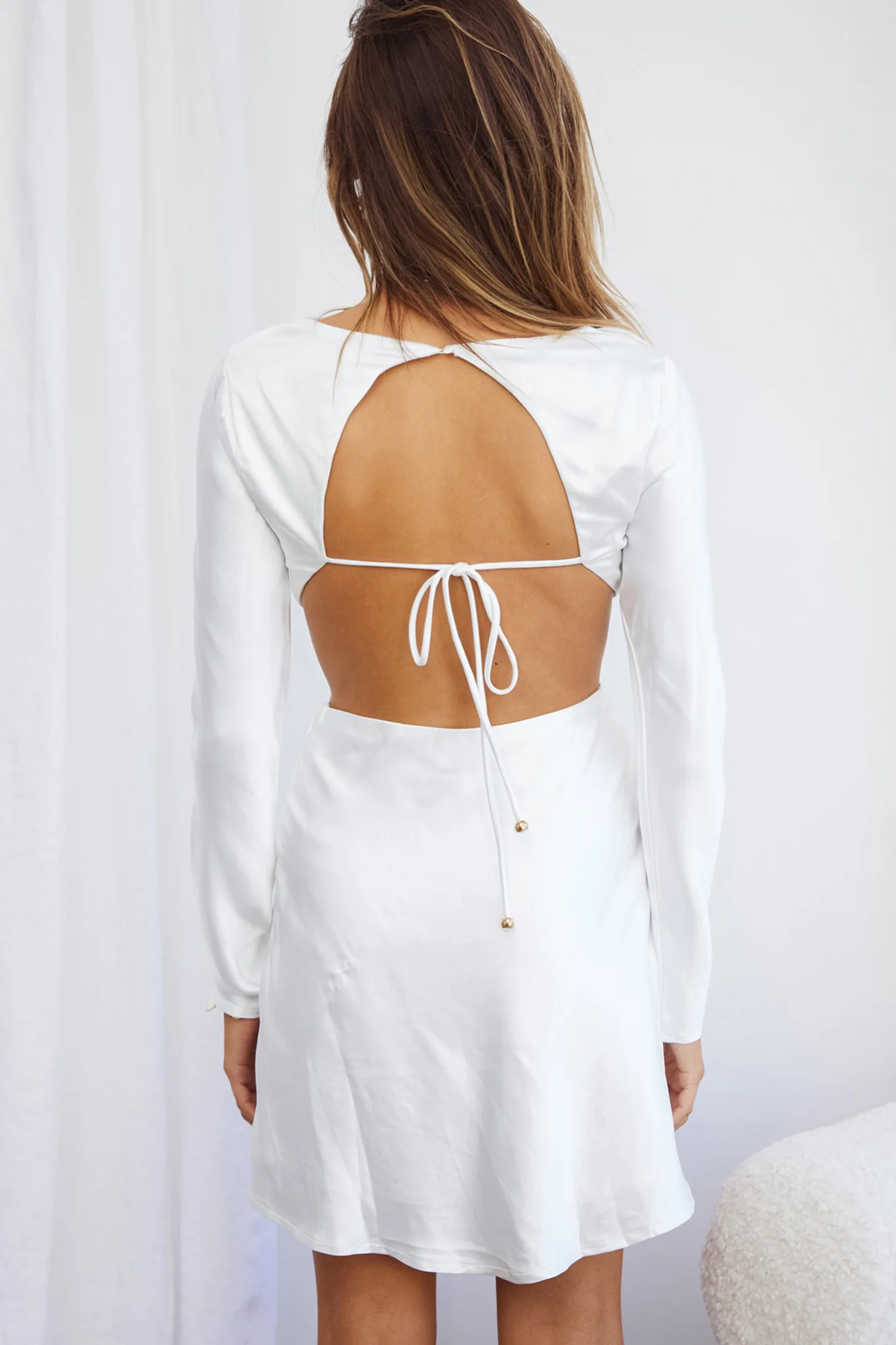 Northern Lights Long Sleeve Open Back Satin Mini Dress Ivory - Image 3