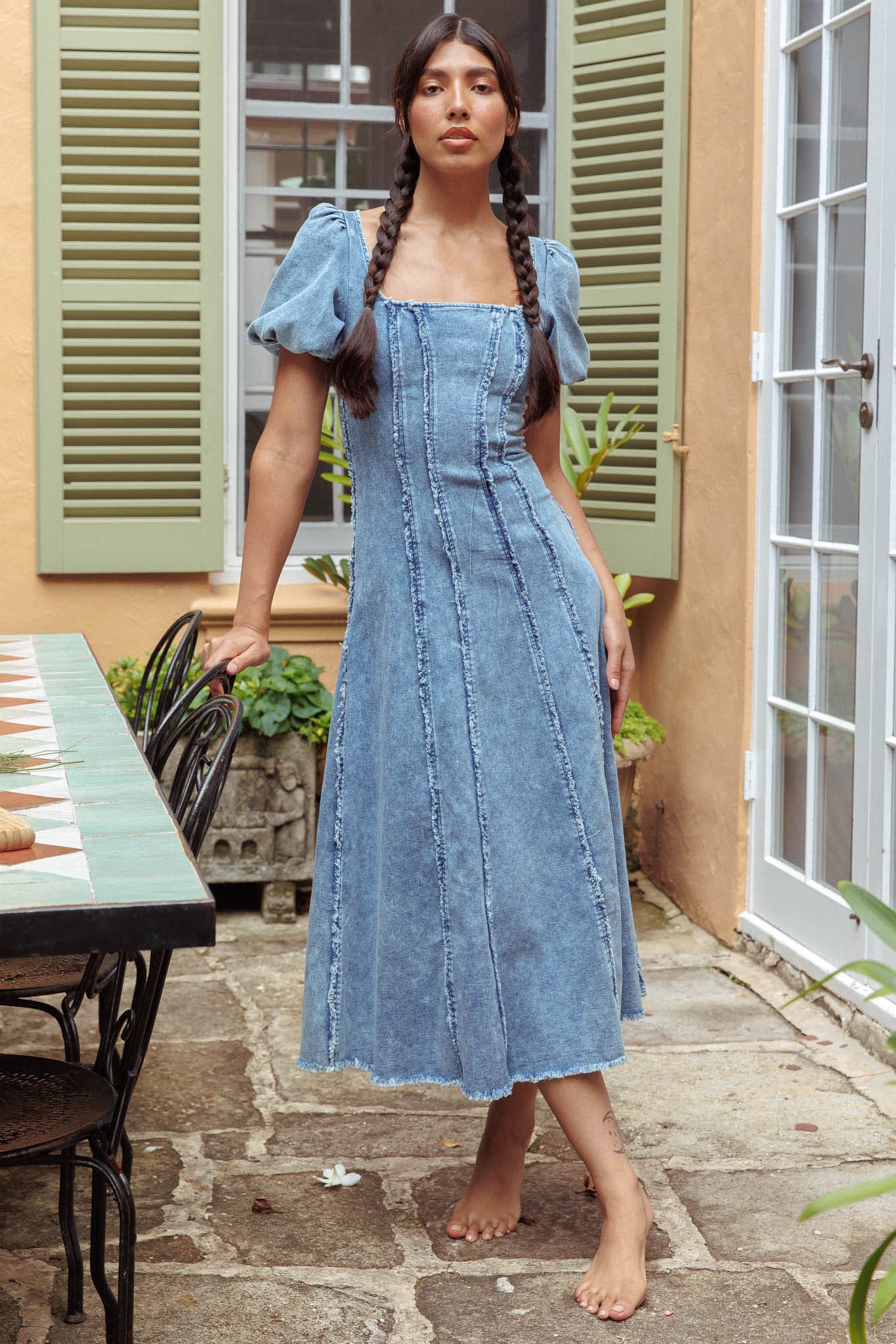 Northern Sky Fringe Puff Sleeve Midi Dress Denim Blue - Image 5