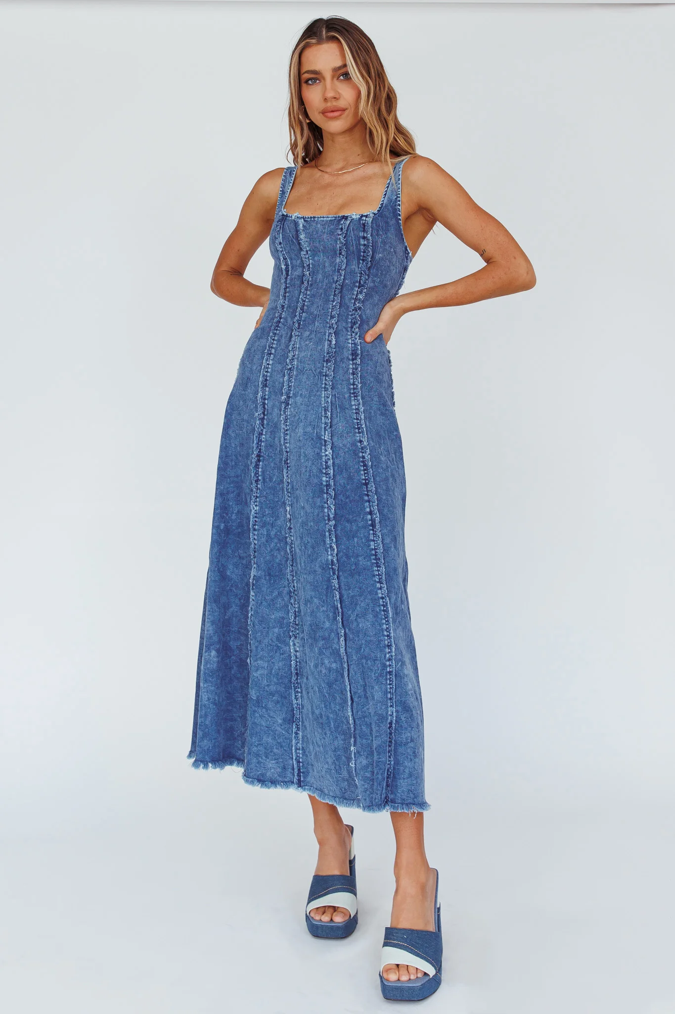 Northern Sky Fringe Trim Midi Dress Dark Blue - Image 3