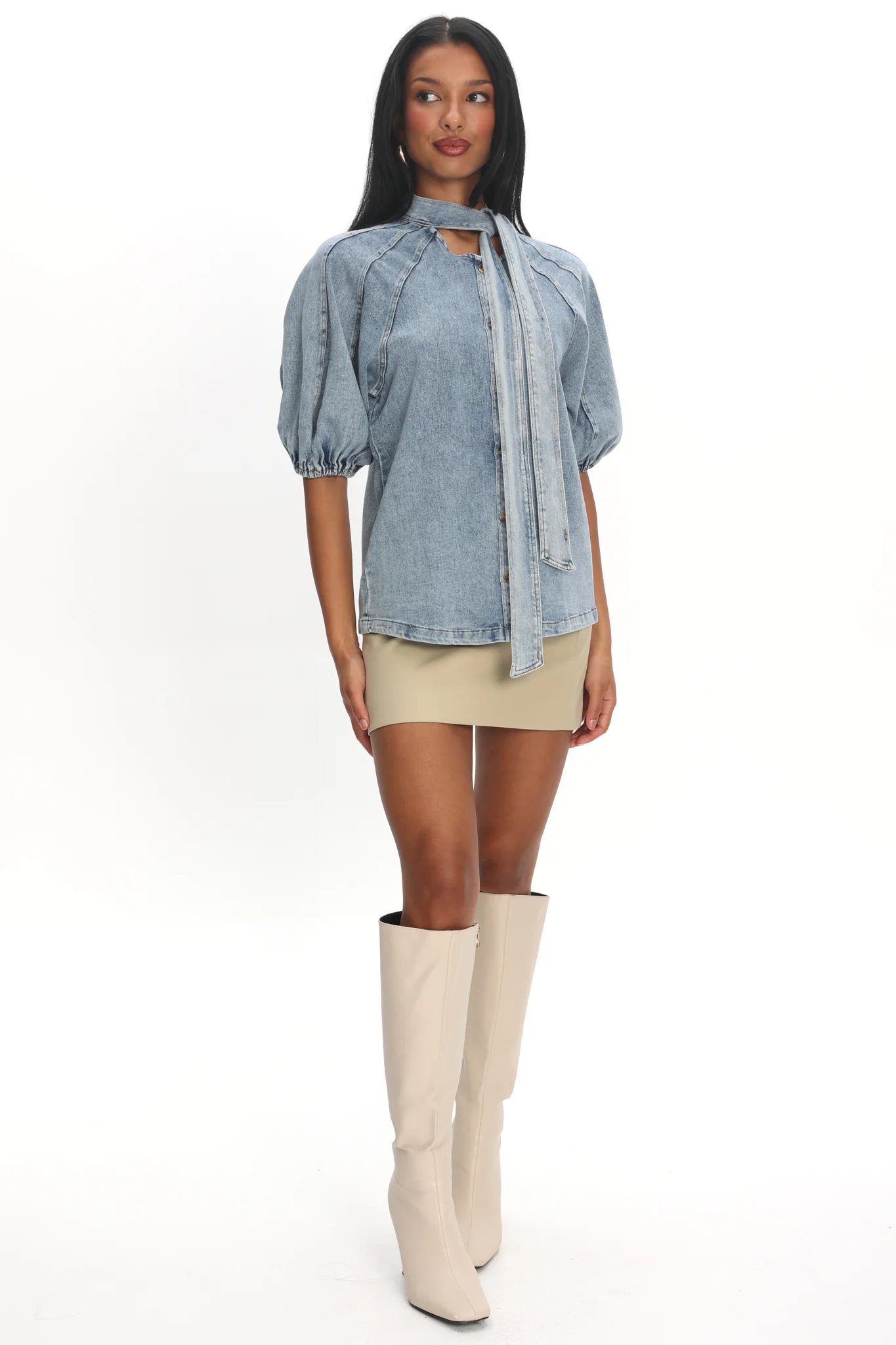 Notice Me Puff Sleeve Neck Bow Top Denim Blue - Image 2