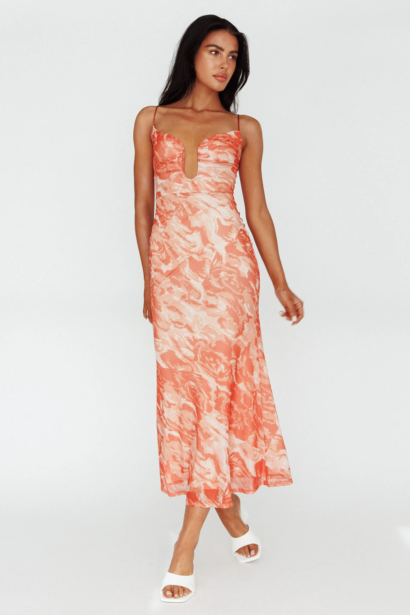 Nouveau U-Neckline Midi Dress Marbled Orange - Image 3