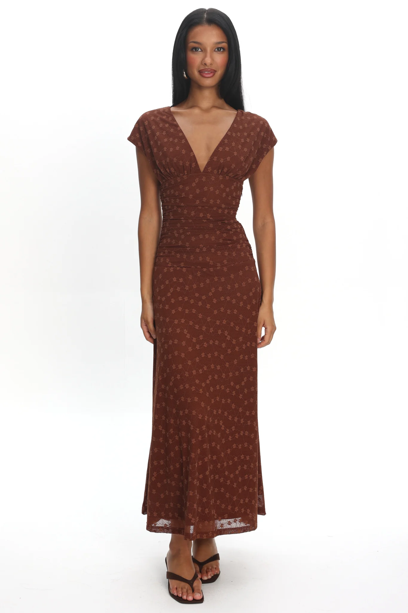 Novia Ruched Bodice Maxi Dress Embroidered Chocolate - Image 6