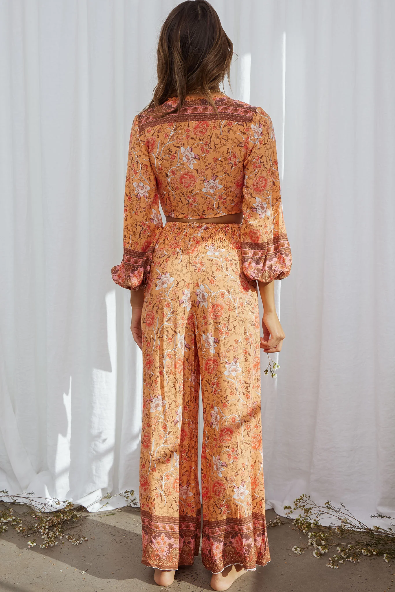 Novo Long Sleeve Tied Front Crop Top Bohemian Print Orange - Image 2