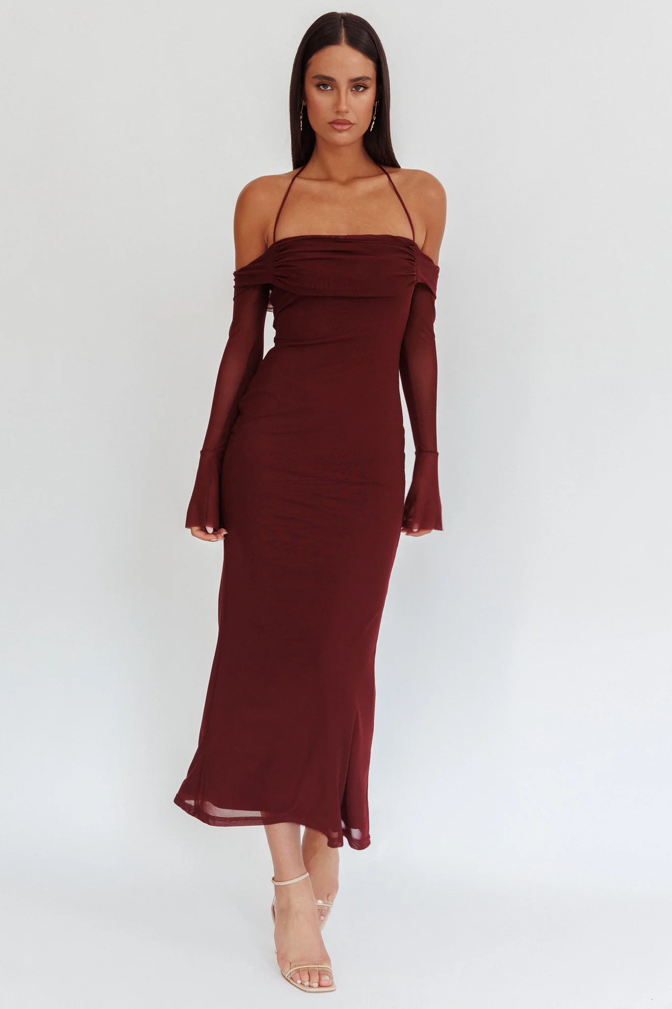 Numbers Game Off-Shoulder Halter Maxi Dress Chocolate - Image 4
