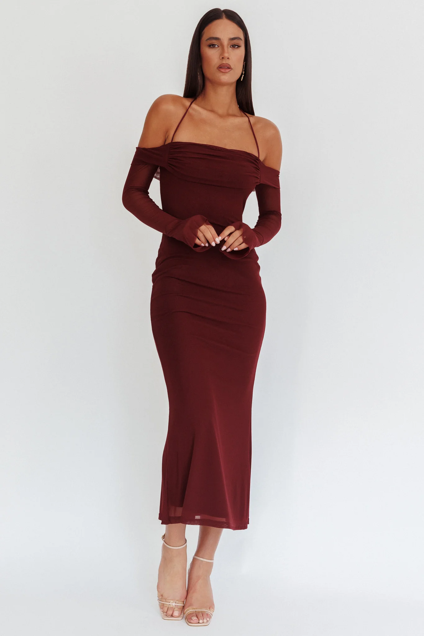 Numbers Game Off-Shoulder Halter Maxi Dress Chocolate - Image 5
