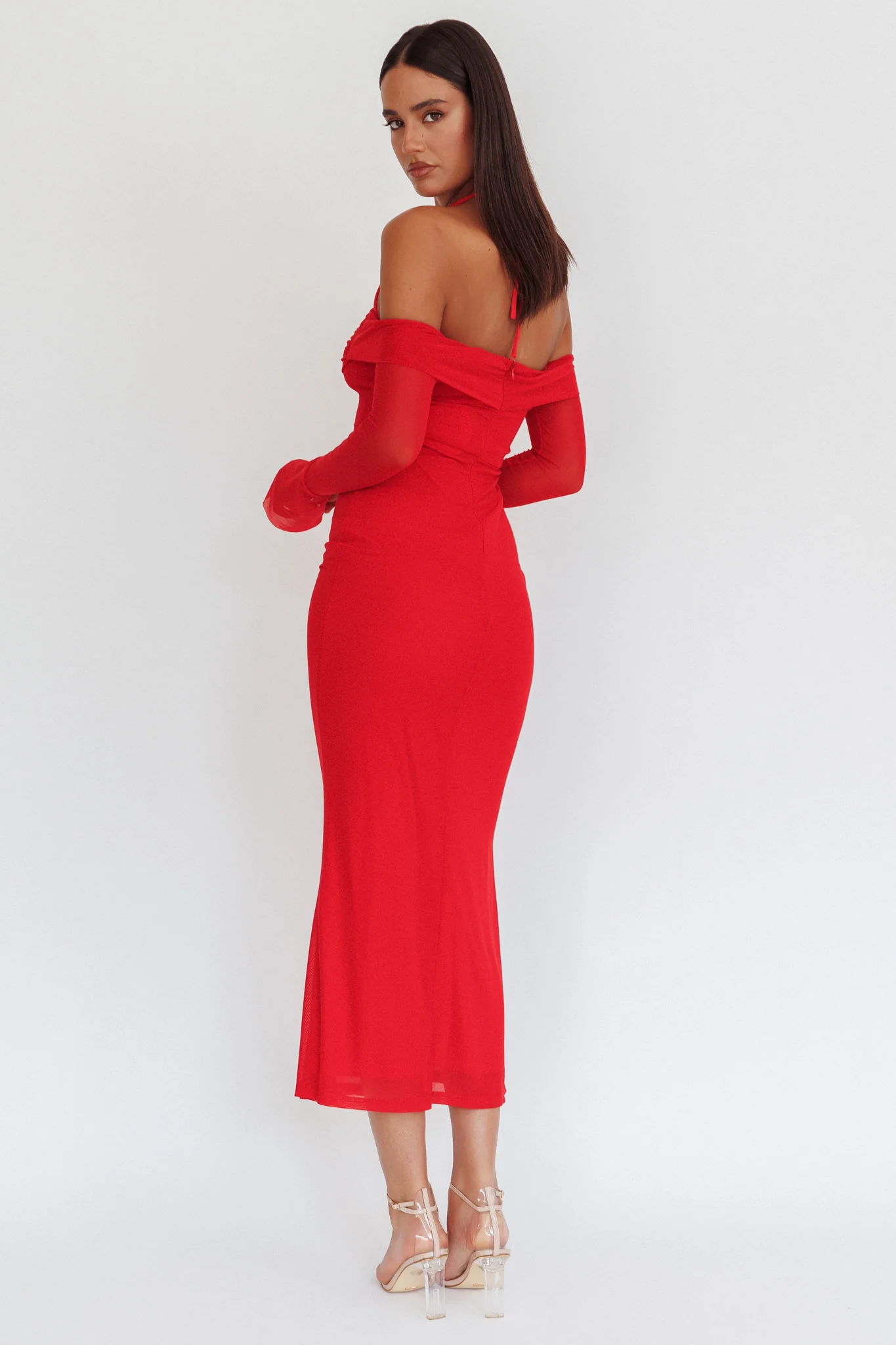 Numbers Game Off-Shoulder Halter Maxi Dress Red - Image 2