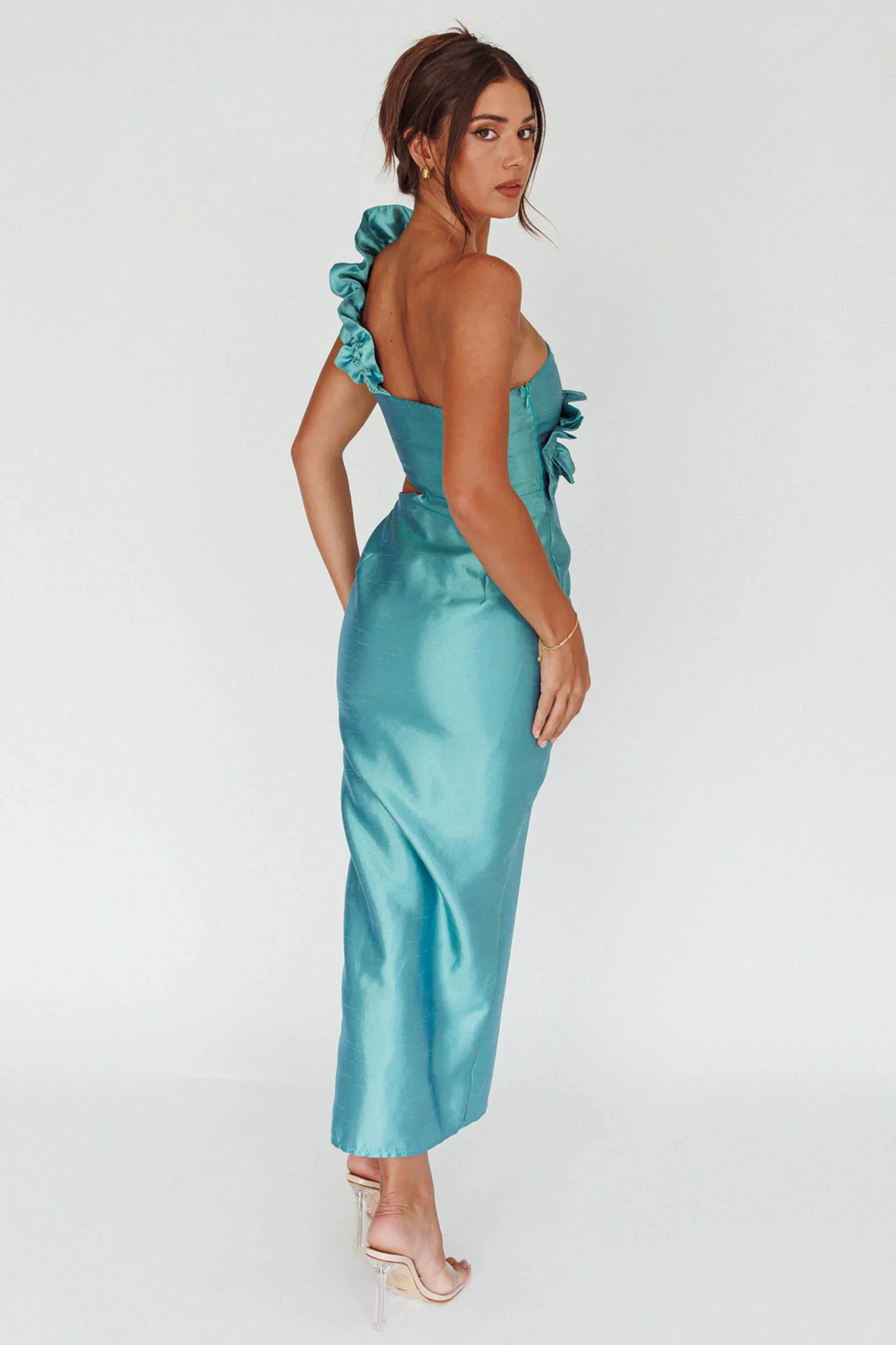 NY Moment Wide Ruffle Shoulder Dress Forest Green - Image 2