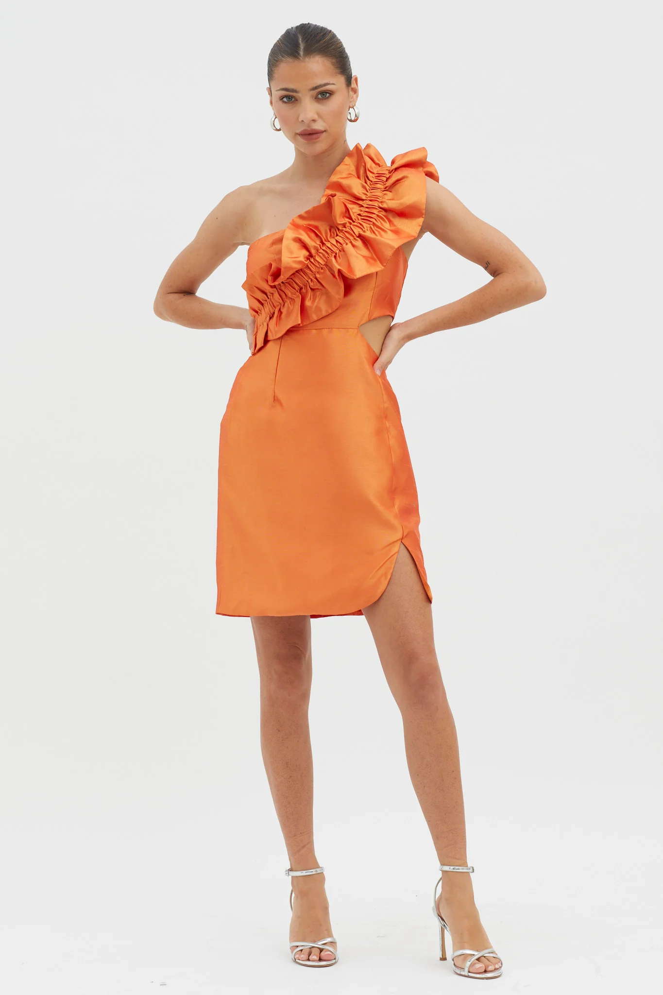 NY Moment Wide Ruffle Shoulder Mini Dress Orange - Image 3