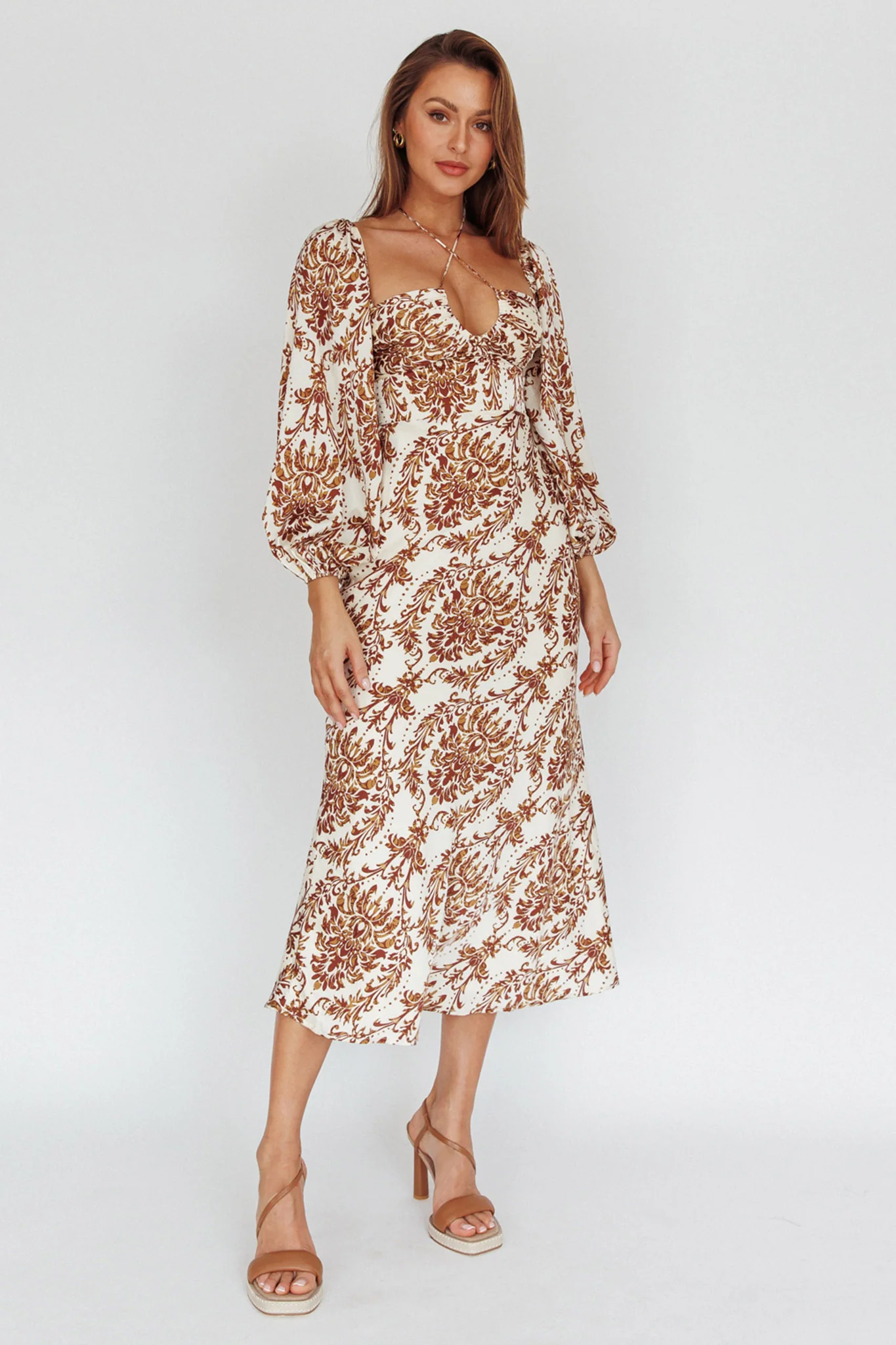 Nyree Long Sleeve Maxi Dress Floral Brown - Image 7