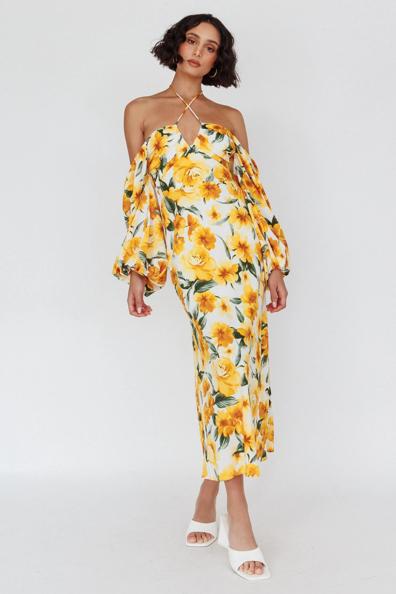 Nyree Long Sleeve Midi Dress Flowers Yellow - Image 3